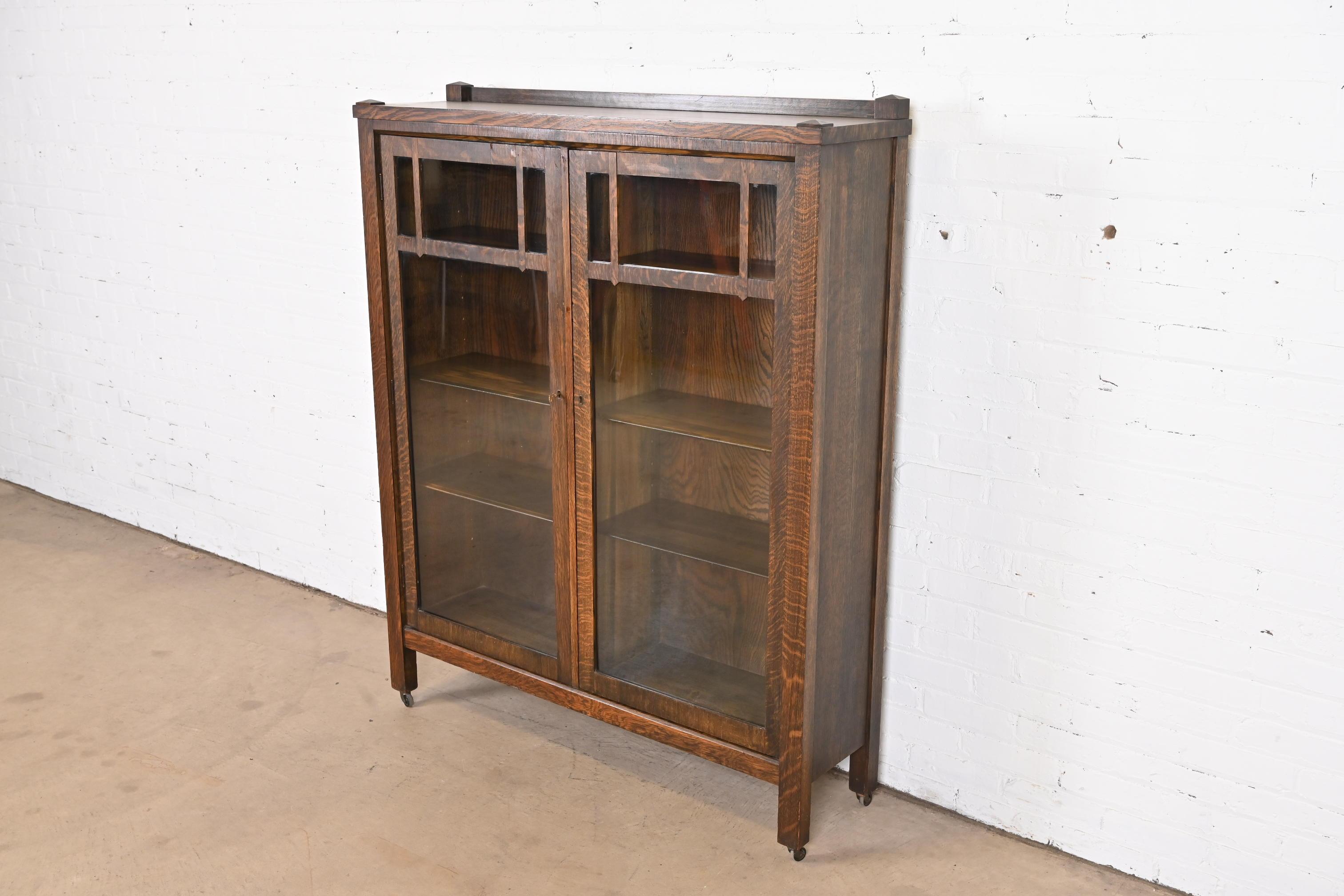 American Antique Stickley Style Mission Oak Arts and Crafts Double Bookcase, Circa 1900