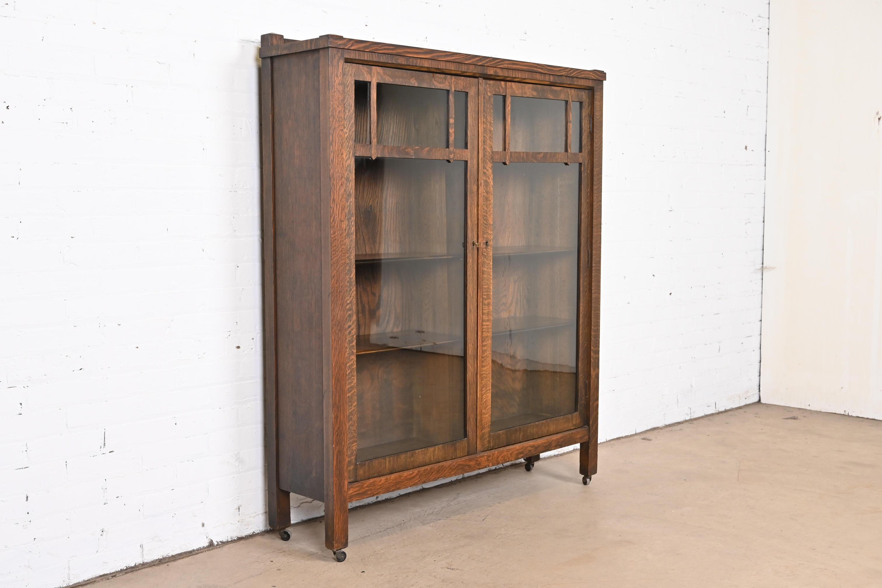 20th Century Antique Stickley Style Mission Oak Arts and Crafts Double Bookcase, Circa 1900
