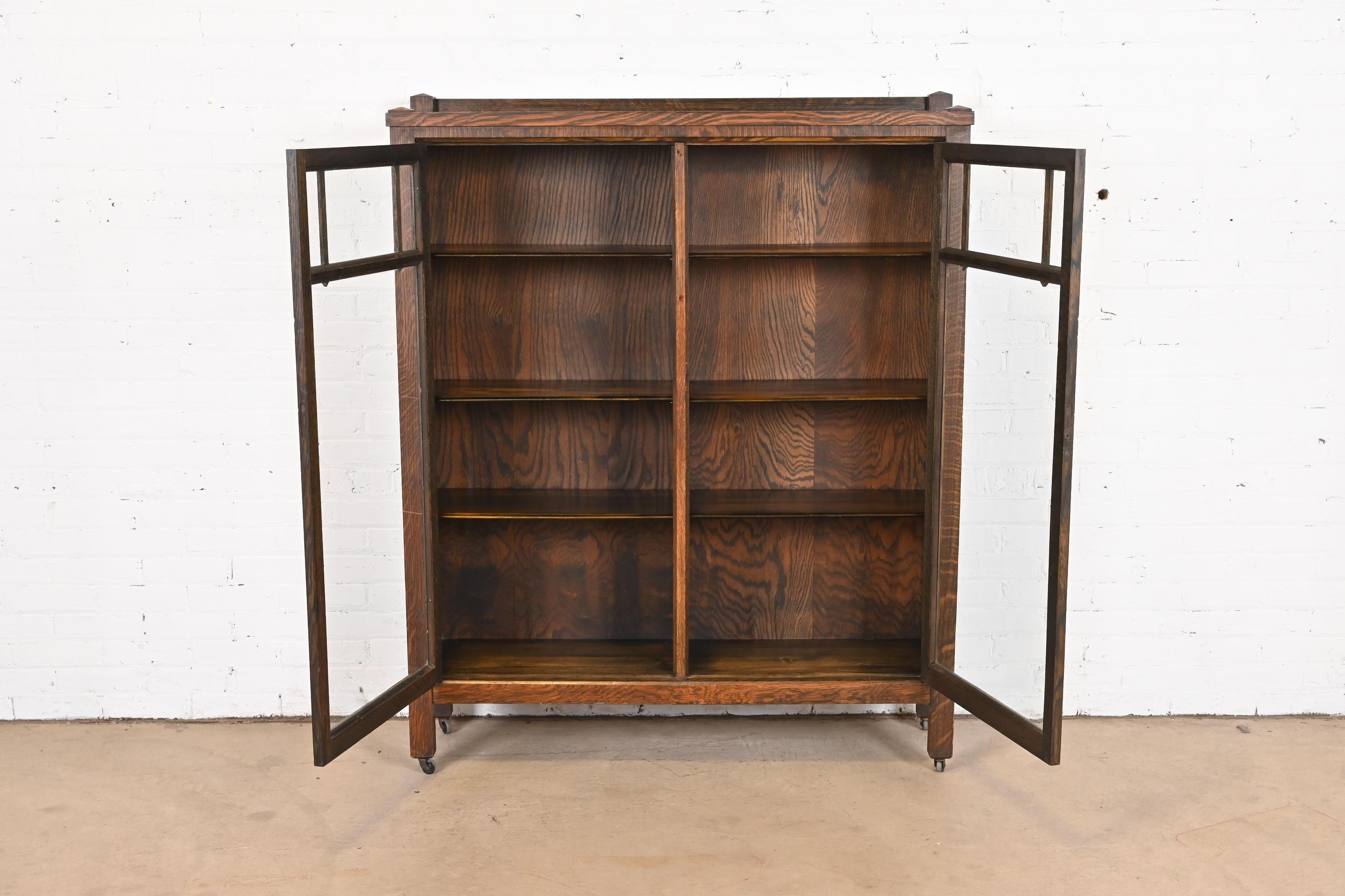Glass Antique Stickley Style Mission Oak Arts and Crafts Double Bookcase, Circa 1900