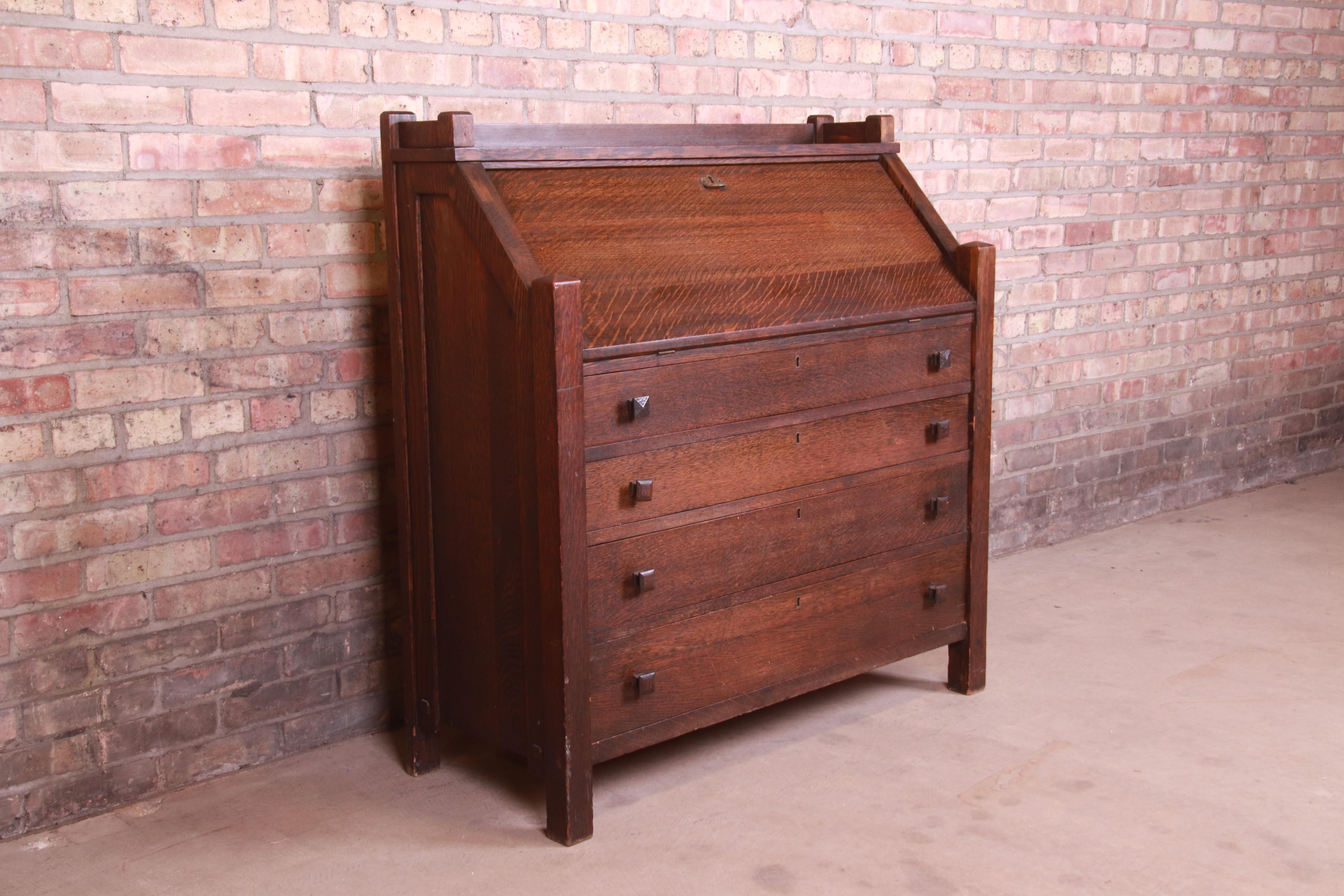 Antique Stickley Style Mission Oak Arts & Crafts Drop Front Desk, Circa 1900 In Good Condition In South Bend, IN
