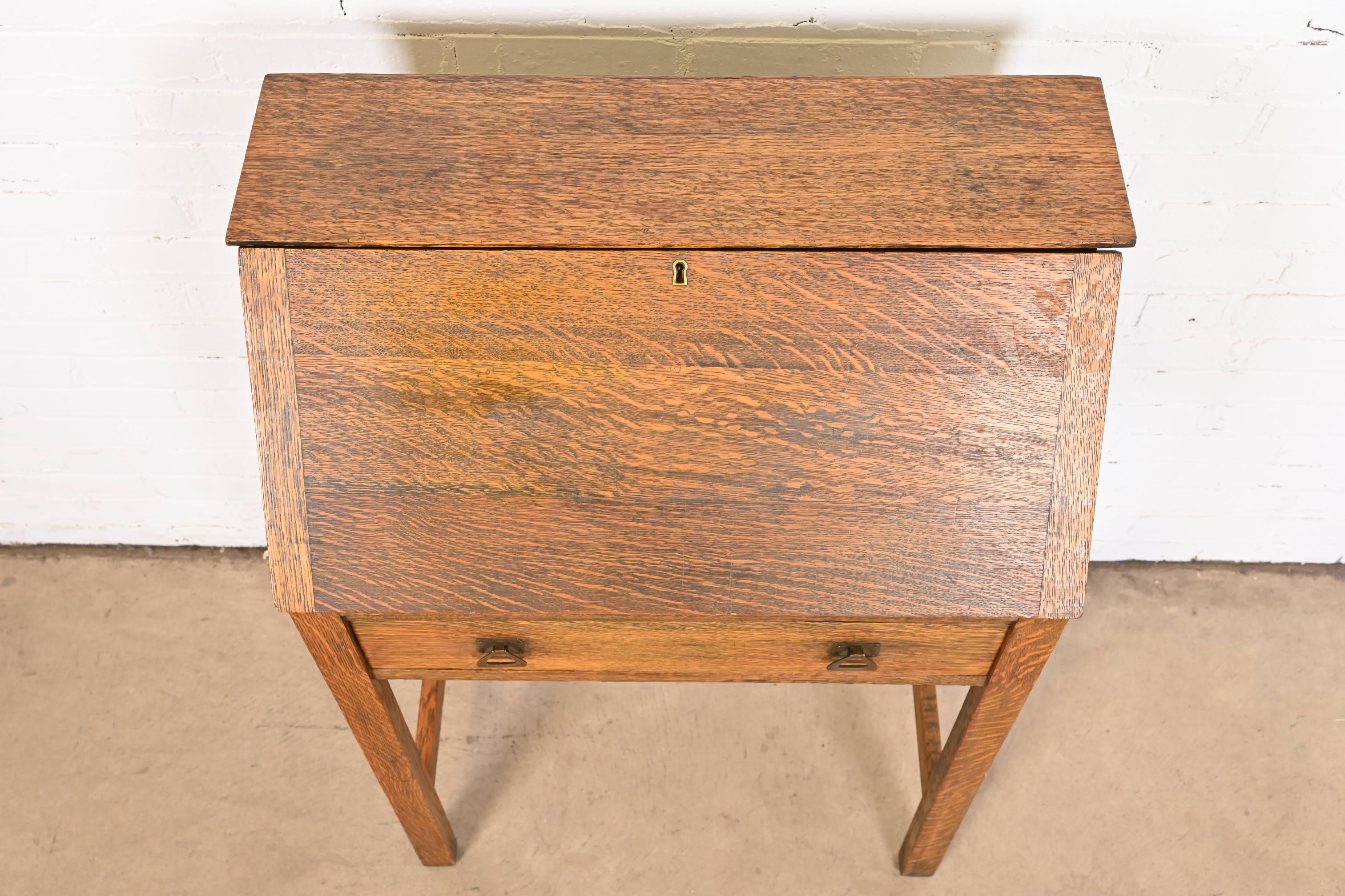 Antique Stickley Style Mission Oak Arts & Crafts Slant Front Secretary Desk For Sale 2