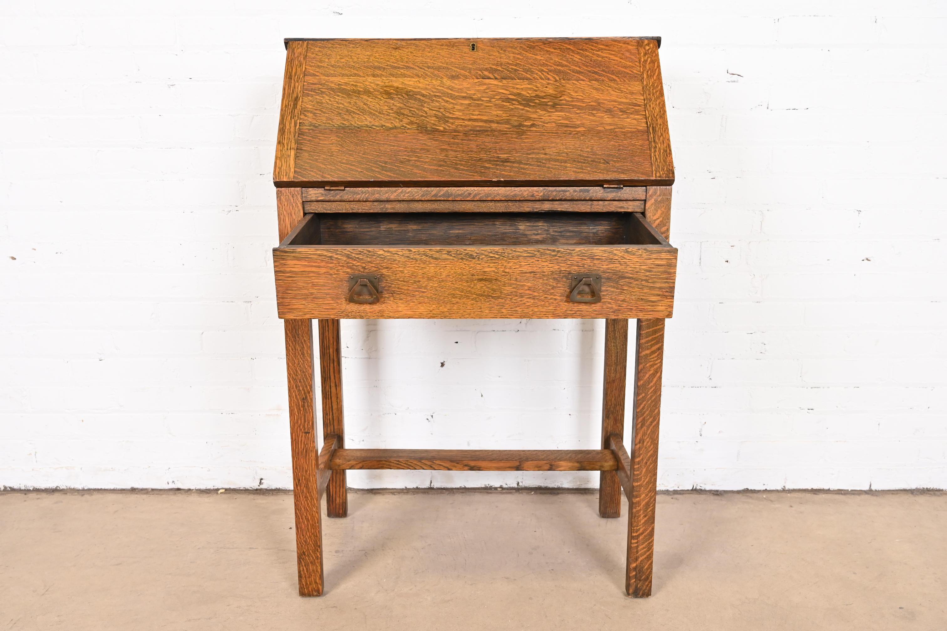 20th Century Antique Stickley Style Mission Oak Arts & Crafts Slant Front Secretary Desk For Sale