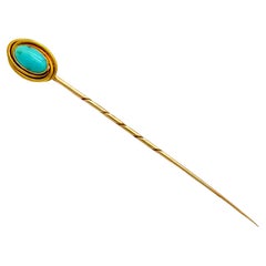 Antique Stickpin Tiepin Turquoise Cabochon 14 Karat Gold Original Fitted case