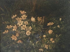 Antique still life 1899 Scandinavian oil painting of wild blue and white flowers