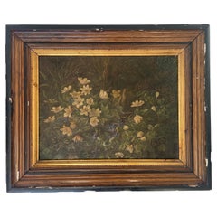 Antique still life 1899 Scandinavian oil painting of wild blue and white flowers