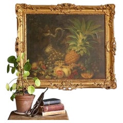 Antique Still Life Depicting Fruit and a Pineapple, Original Oil on Canvas
