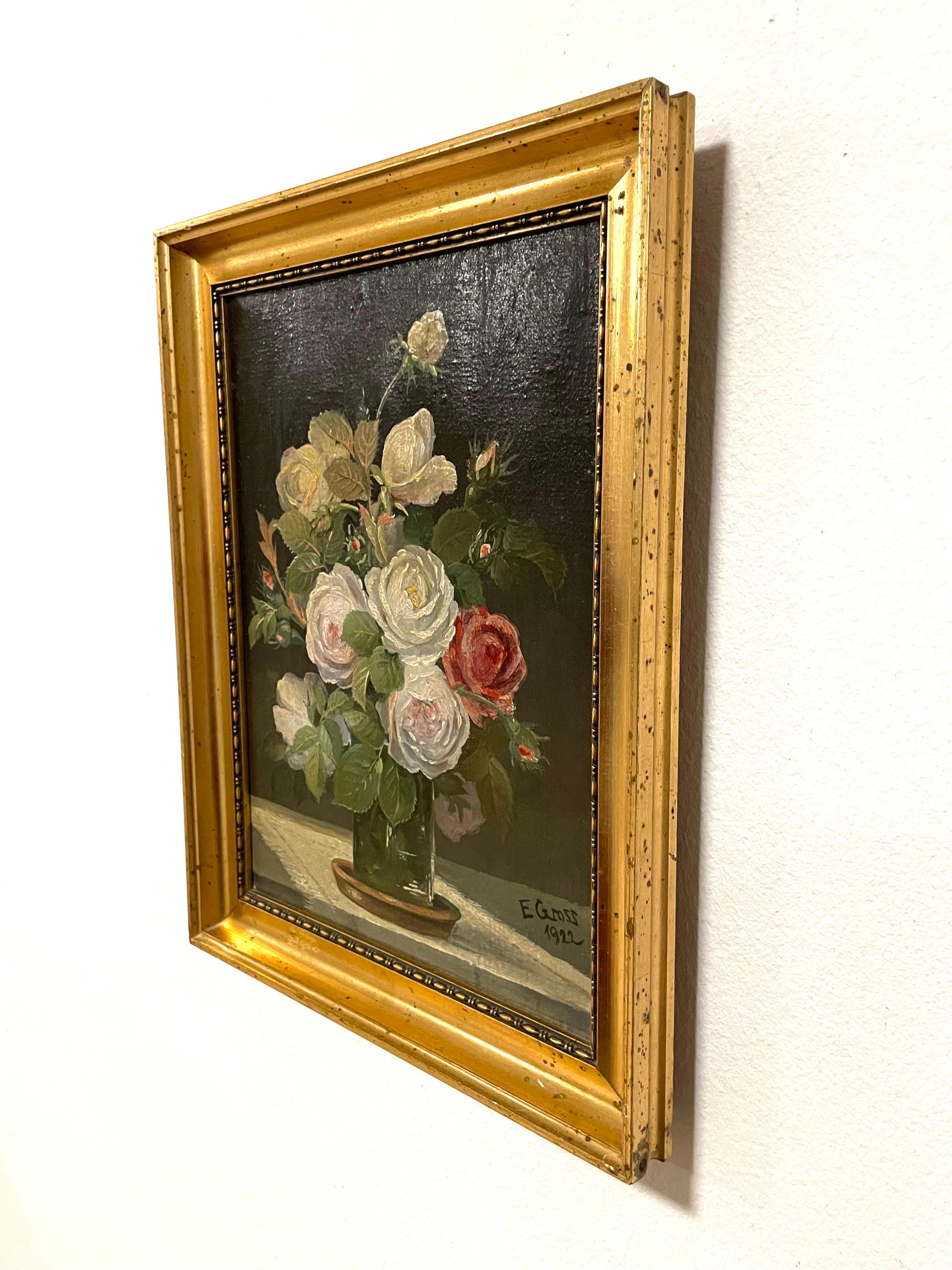 Antique still life floral painting from the 1920s by artist E. Gross For Sale 4