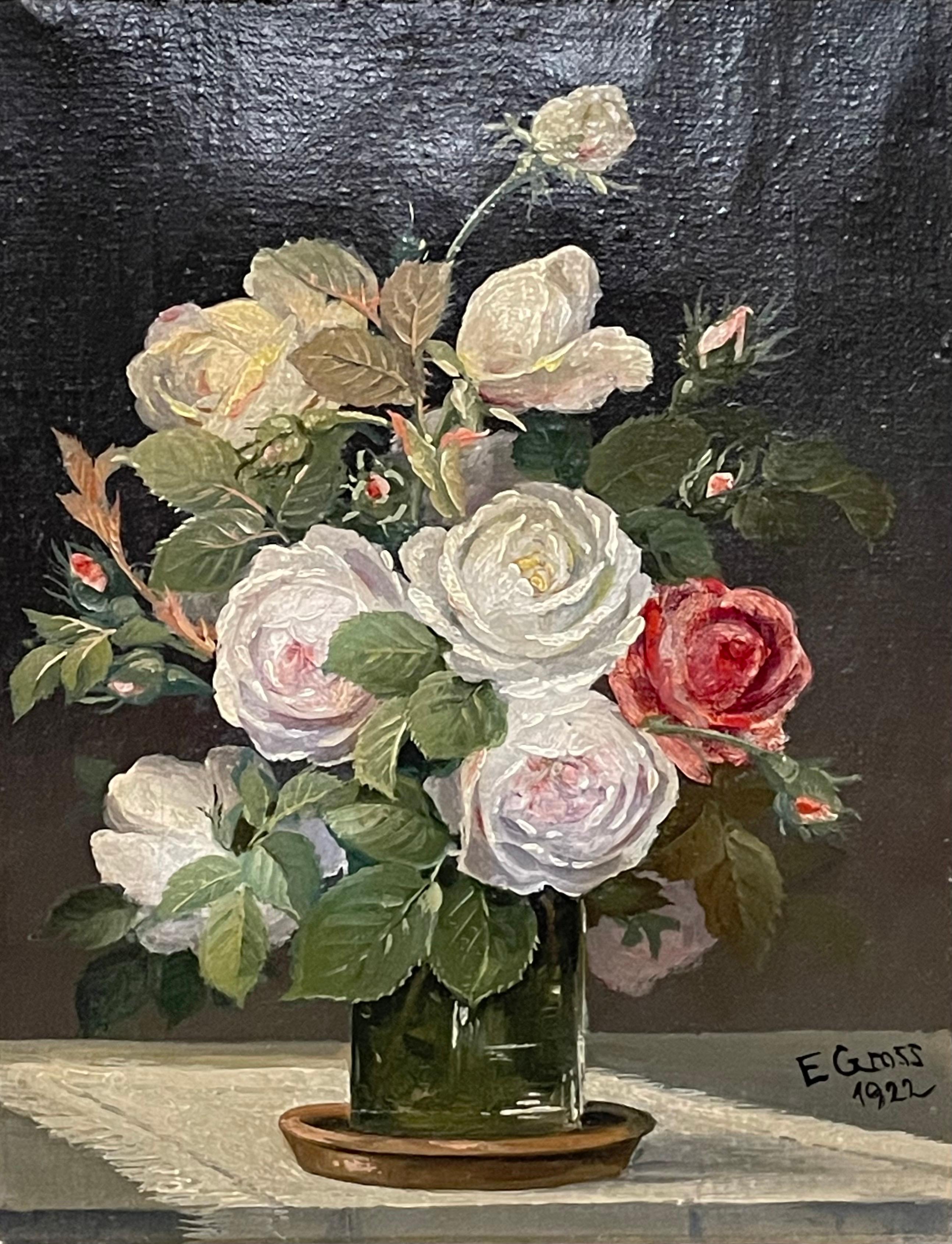 This is an original Danish oil on canvas still life flower painting from 1922 by E. Gross.

It is signed by the artist in the bottom right corner and is framed in a beautiful gold painted solid wood frame.

The painting is in good vintage condition