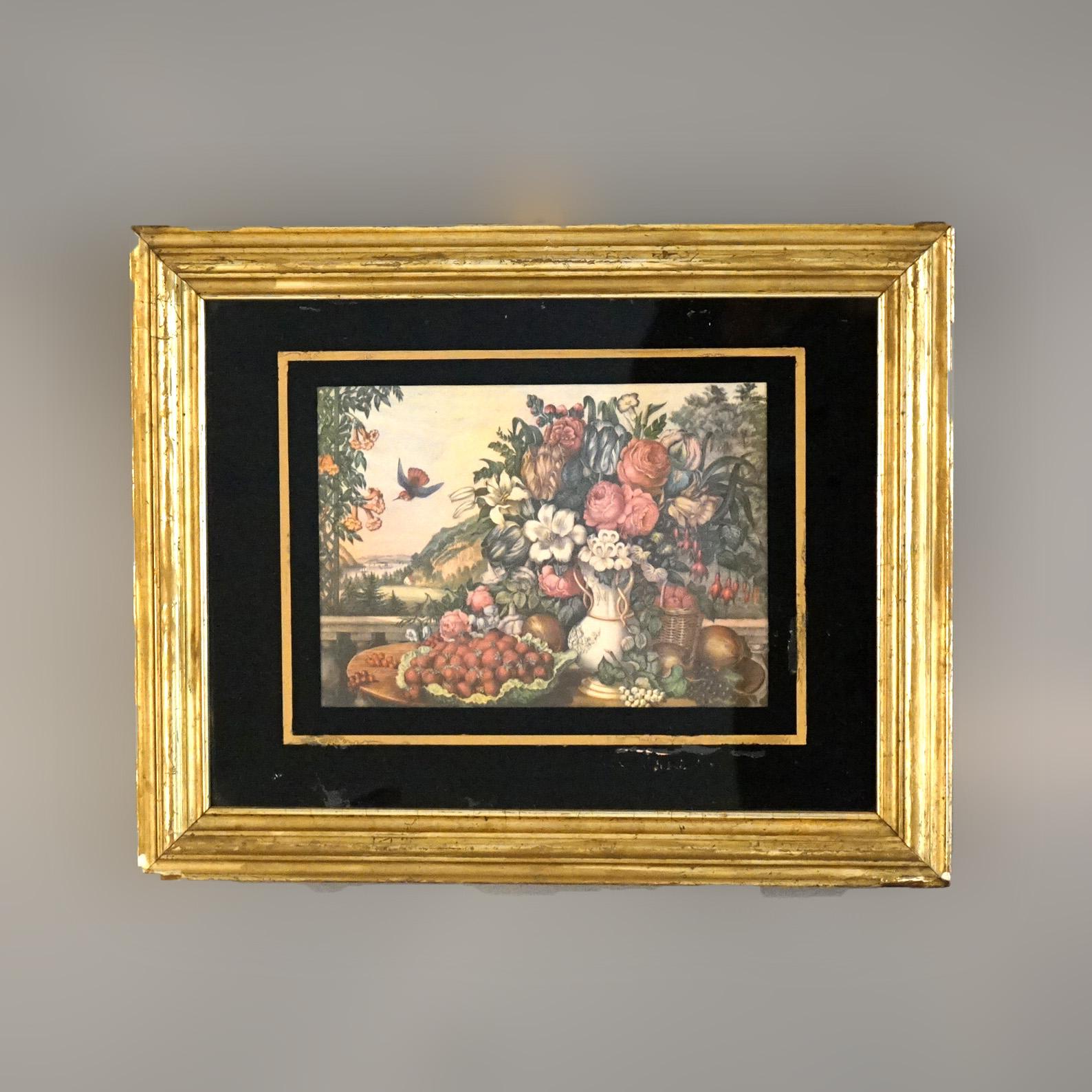 An antique floral still life print seated in the original giltwood frame with eglomise glass, C1840

Measures - 17.25