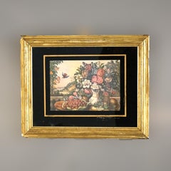 Antique Still Life Floral Print In Original Gilt Frame with Eglomise Glass C1880