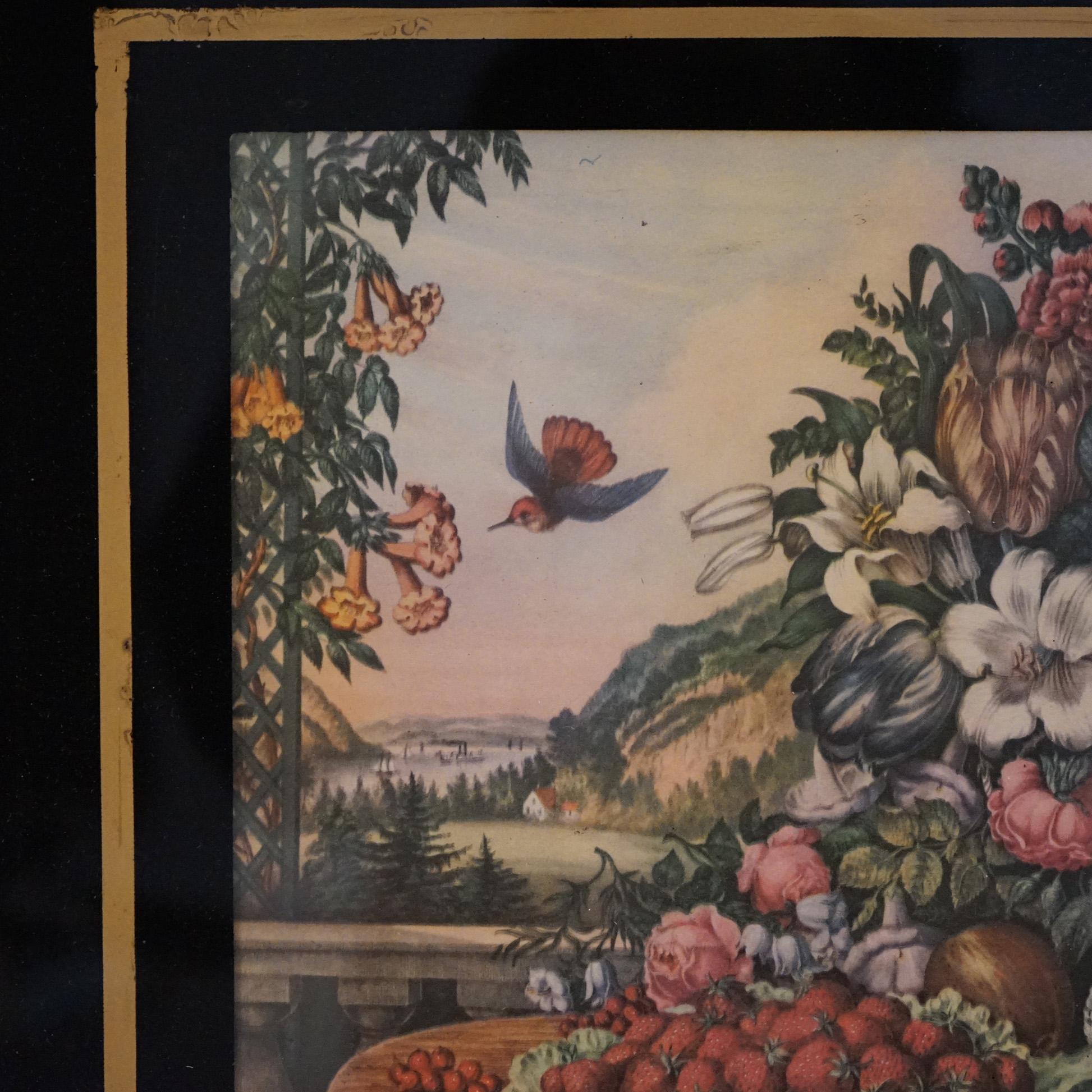 Antique Still Life Floral Print In Original Gilt Frame with Eglomise Glass C1880 In Good Condition For Sale In Big Flats, NY