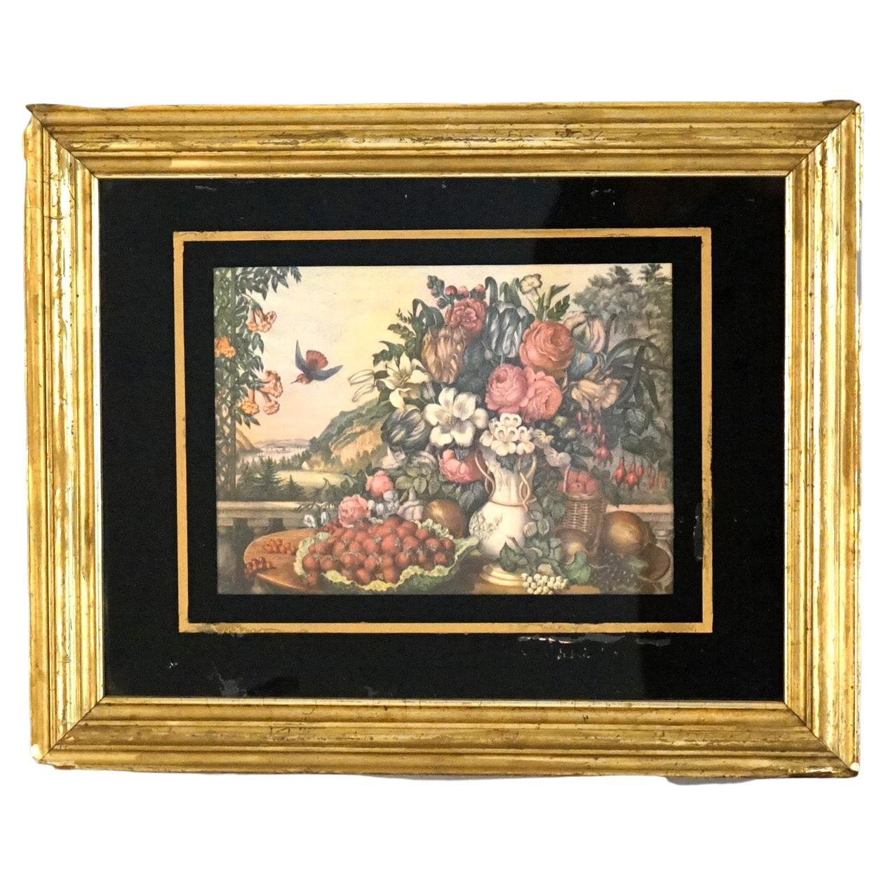 Antique Still Life Floral Print In Original Gilt Frame with Eglomise Glass C1880 For Sale