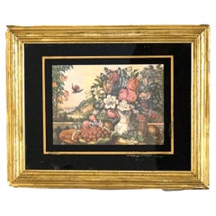 Antique Still Life Floral Print In Original Gilt Frame with Eglomise Glass C1880