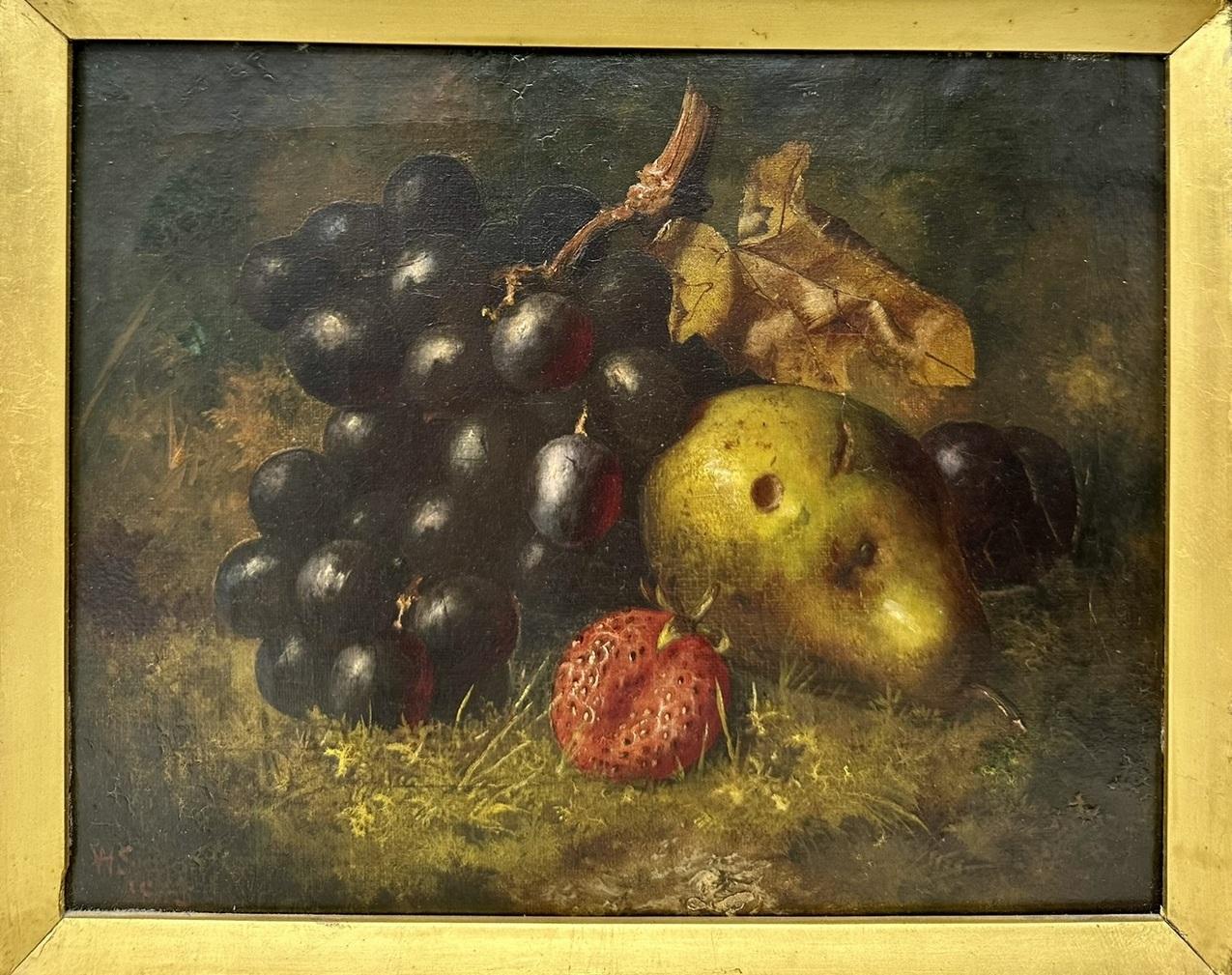 Victorian Antique Still Life Fruits Oil on Canvas English Oil Painting Giltwood Frame  For Sale