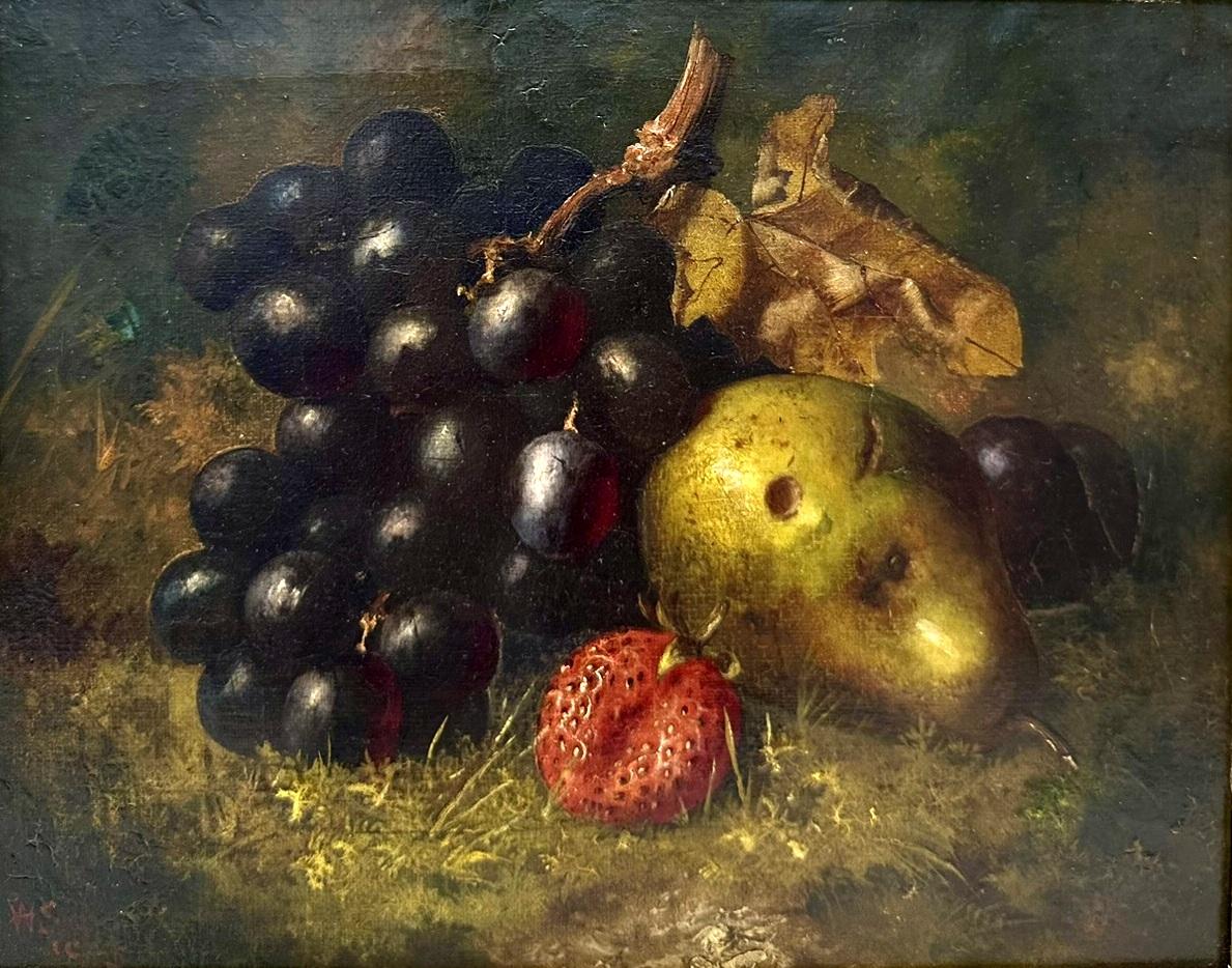 Painted Antique Still Life Fruits Oil on Canvas English Oil Painting Giltwood Frame  For Sale