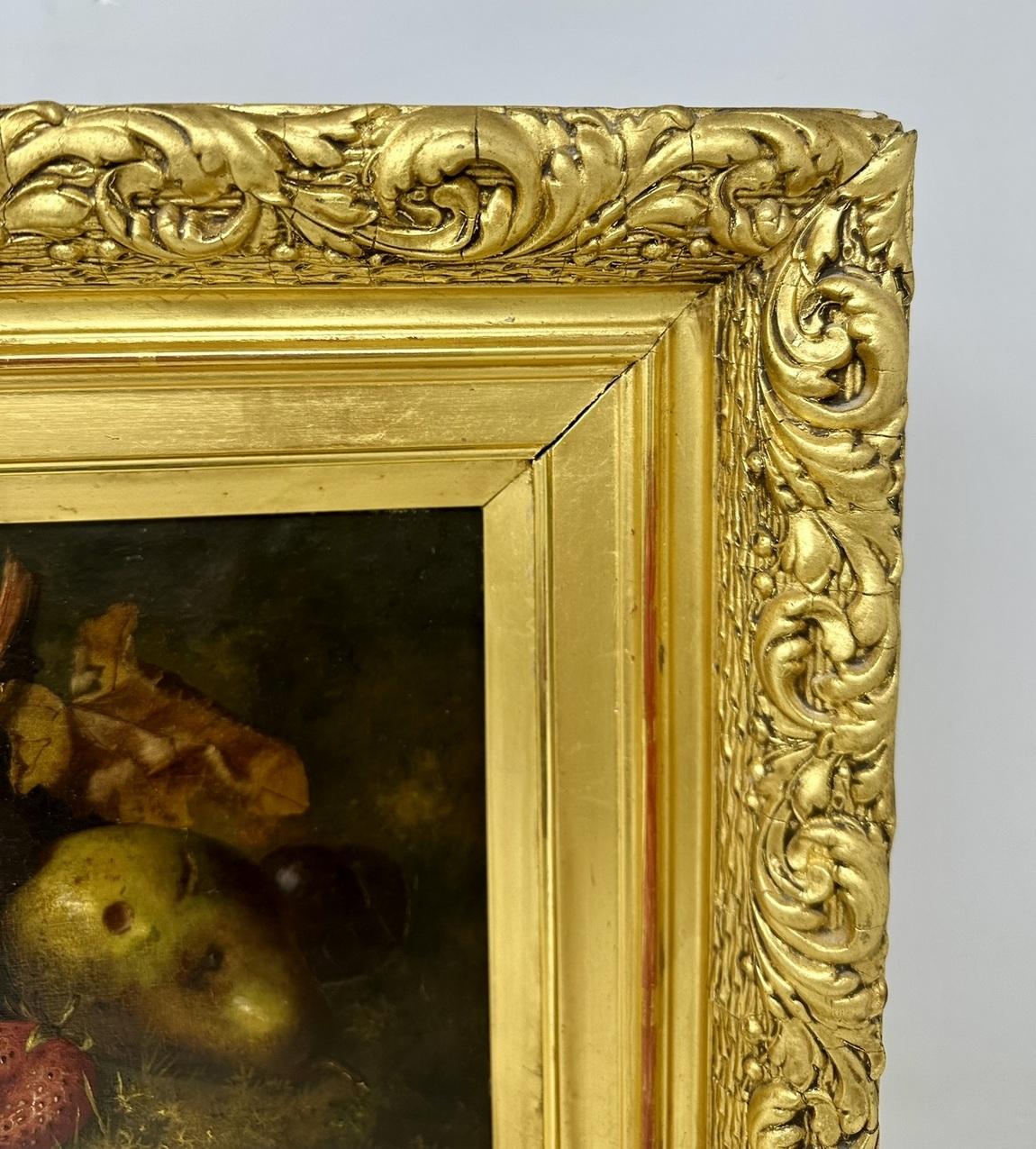 Antiquités Nature morte aux fruits Huile sur toile Peinture à l'huile anglaise Cadre en bois doré  Bon état - En vente à Dublin, Ireland