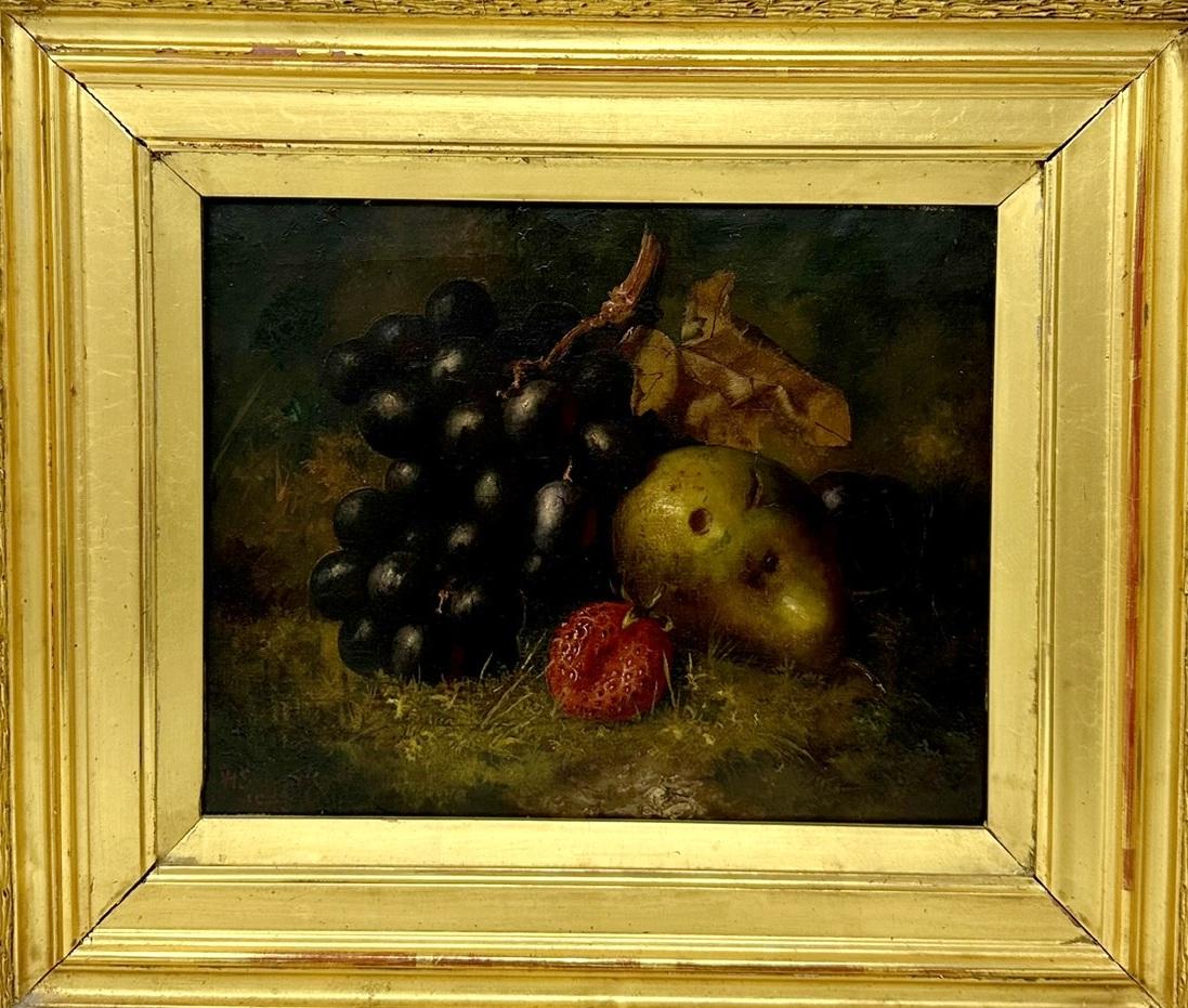 Toile Antiquités Nature morte aux fruits Huile sur toile Peinture à l'huile anglaise Cadre en bois doré  en vente