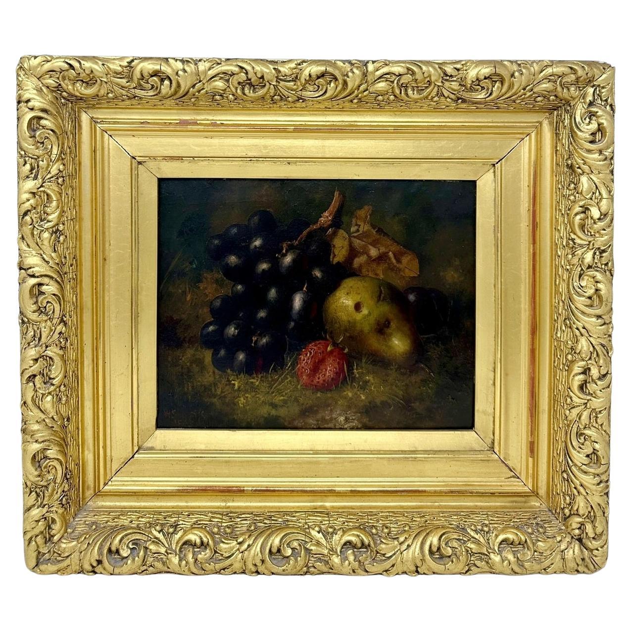 Antiquités Nature morte aux fruits Huile sur toile Peinture à l'huile anglaise Cadre en bois doré  en vente