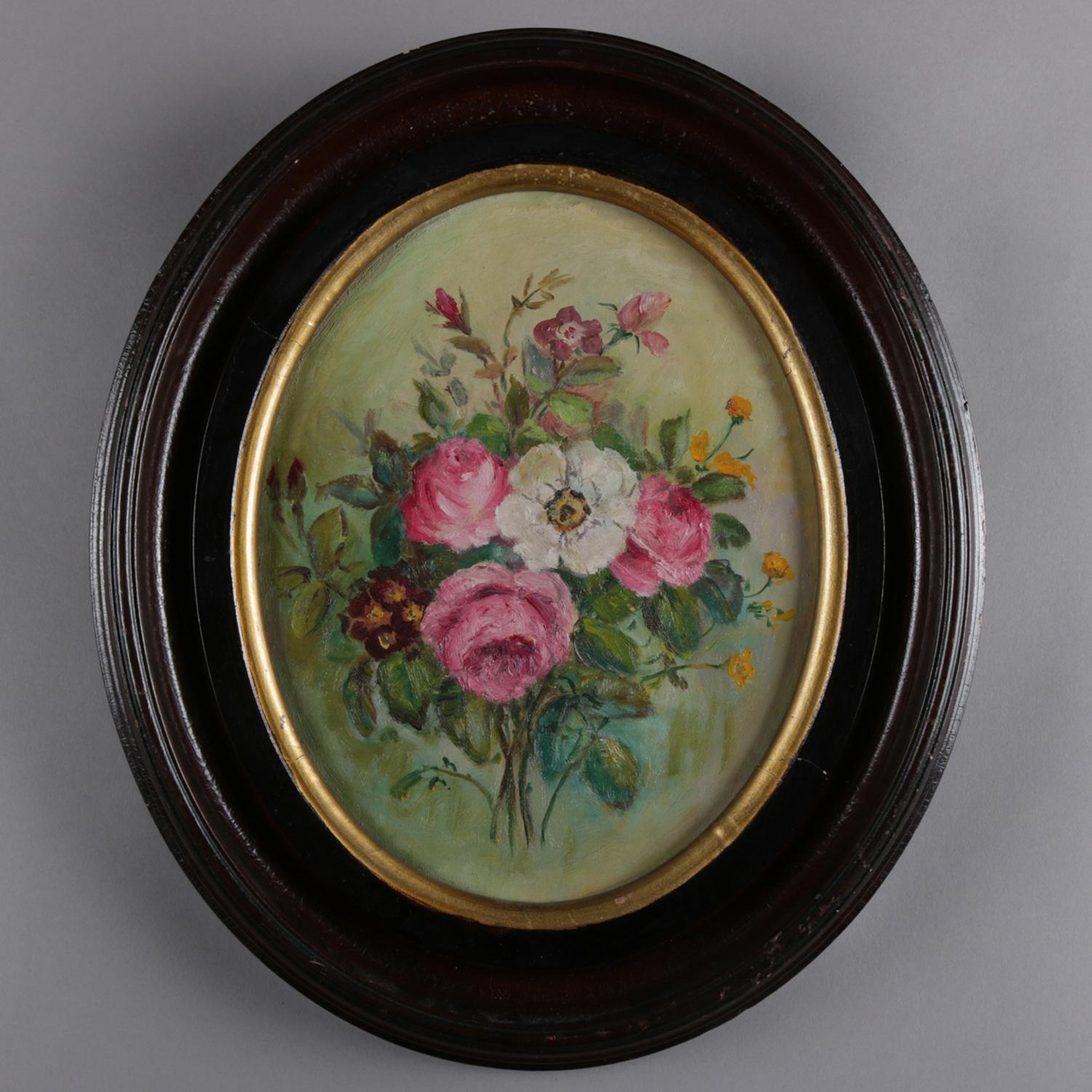 An antique still life oil on canvas over artist board painting depicts flowers in bouquet, seated in oval deep walnut frame, circa 1890

***DELIVERY NOTICE – Due to COVID-19 we are employing NO-CONTACT PRACTICES in the transfer of purchased items. 