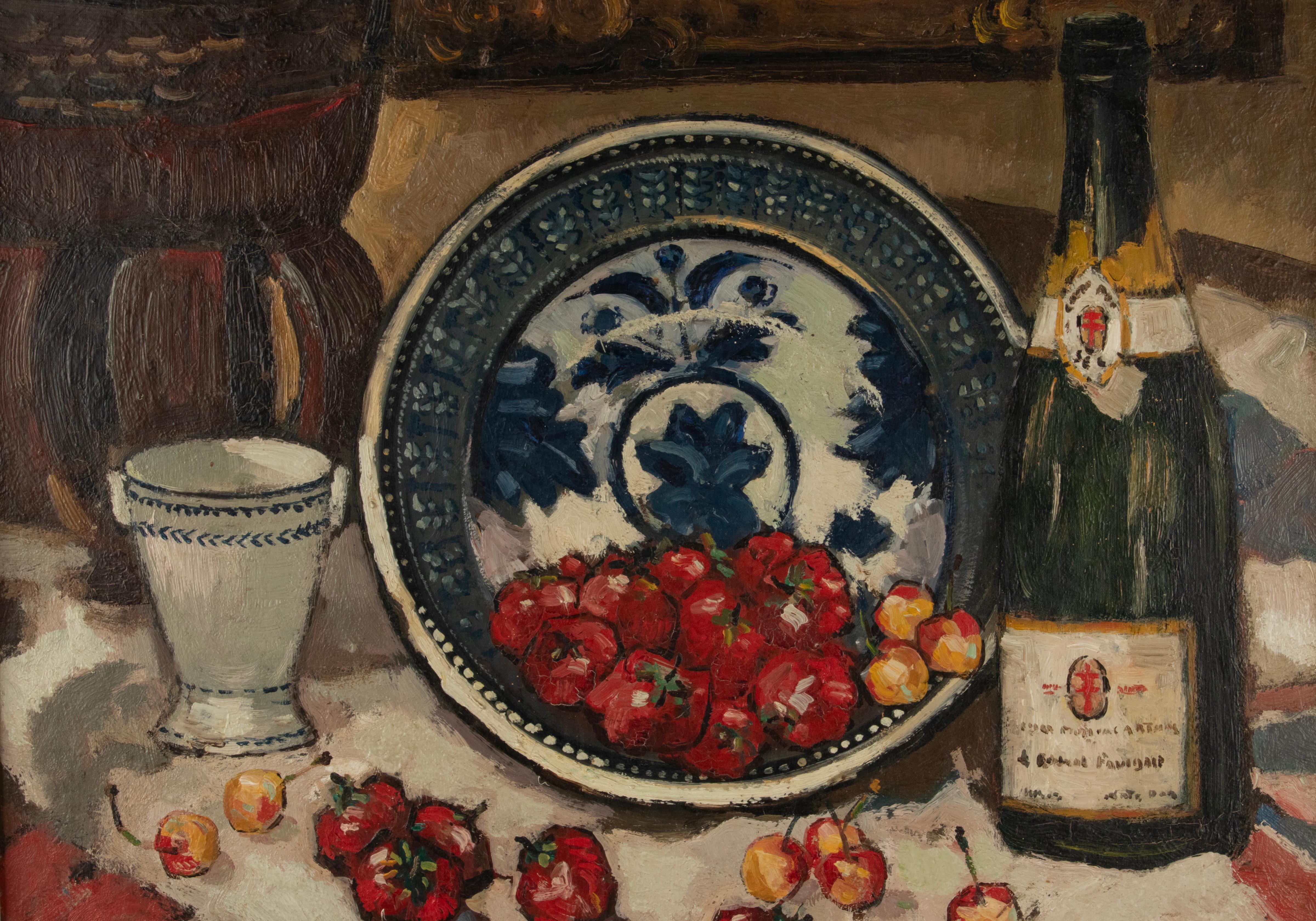 Antikes Stillleben Ölgemälde Champagnerflasche Erdbeer - John Michaux im Angebot 5