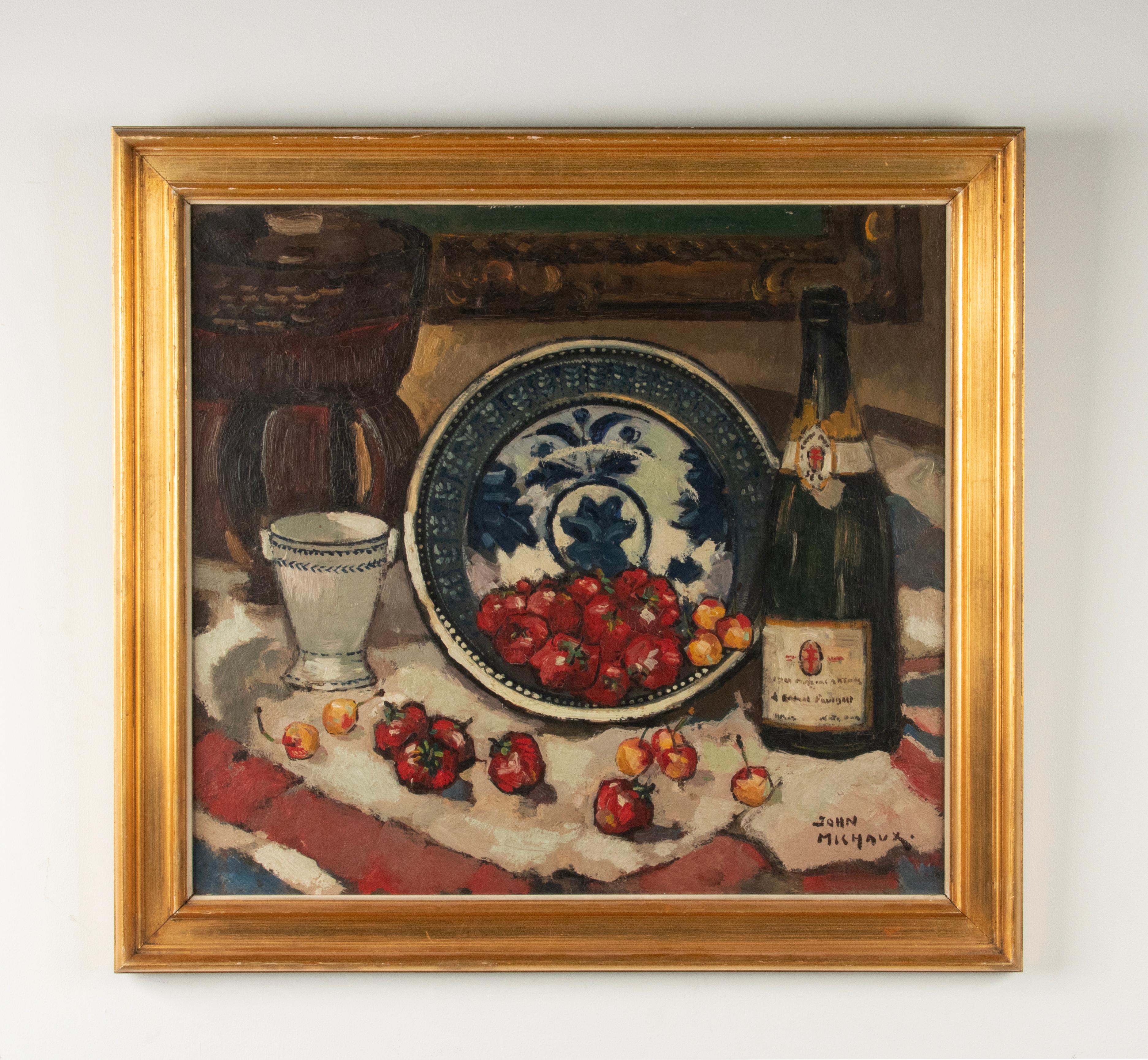 Antikes Stillleben Ölgemälde Champagnerflasche Erdbeer - John Michaux (Moderne) im Angebot