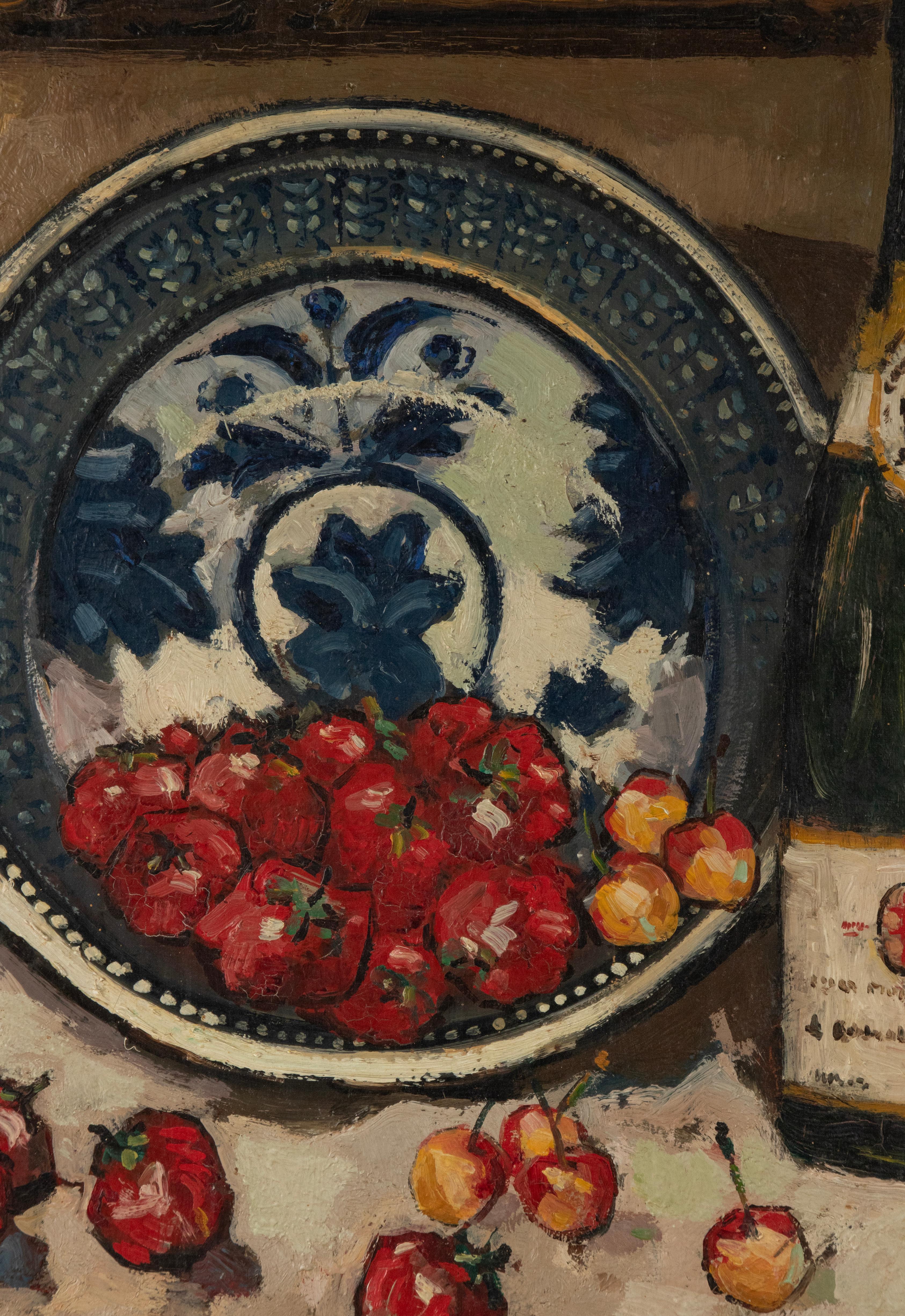 Belgian Antique Still life Oil painting Champagne Bottle Strawberries - John Michaux For Sale