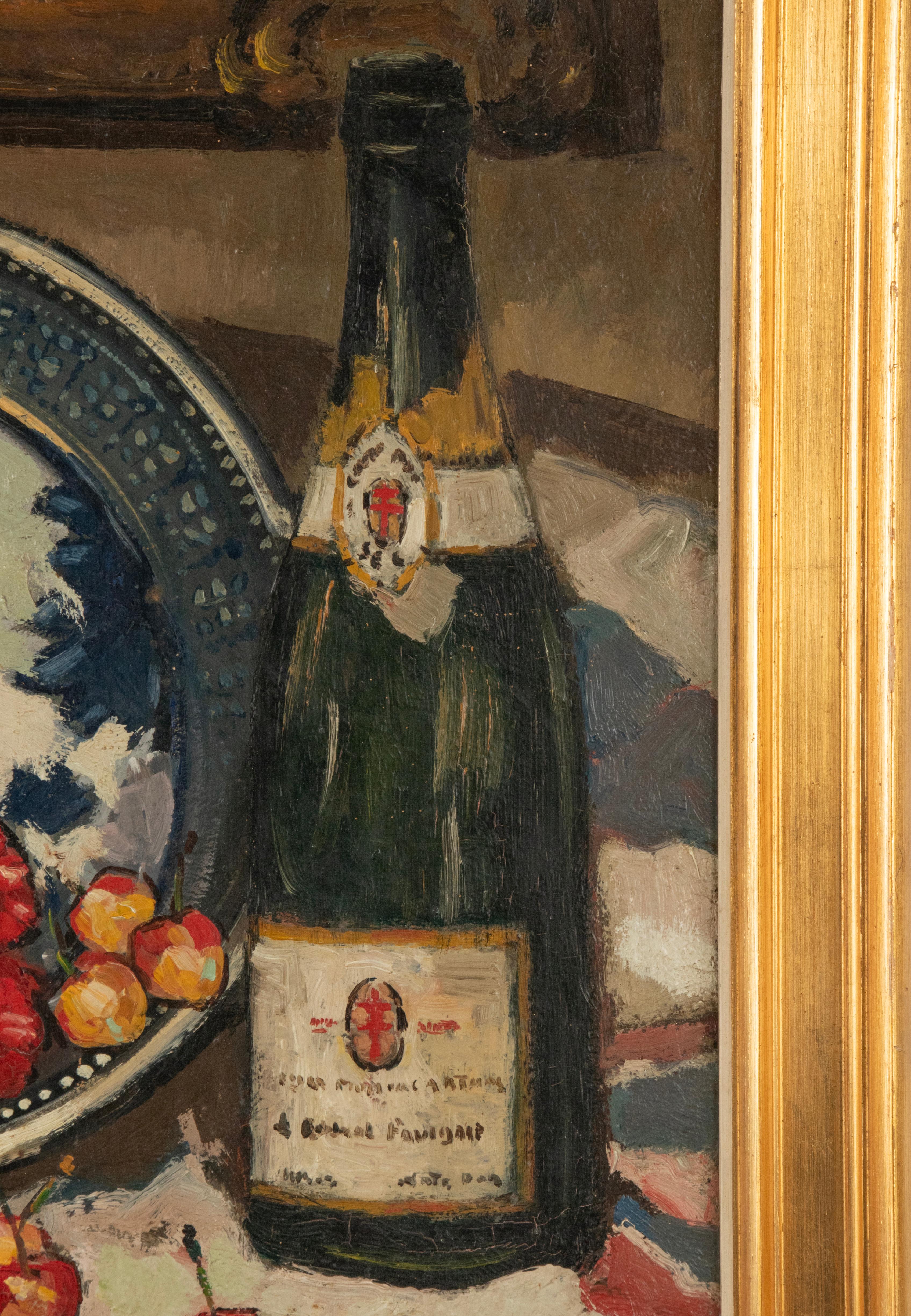 Antikes Stillleben Ölgemälde Champagnerflasche Erdbeer - John Michaux (Frühes 20. Jahrhundert) im Angebot