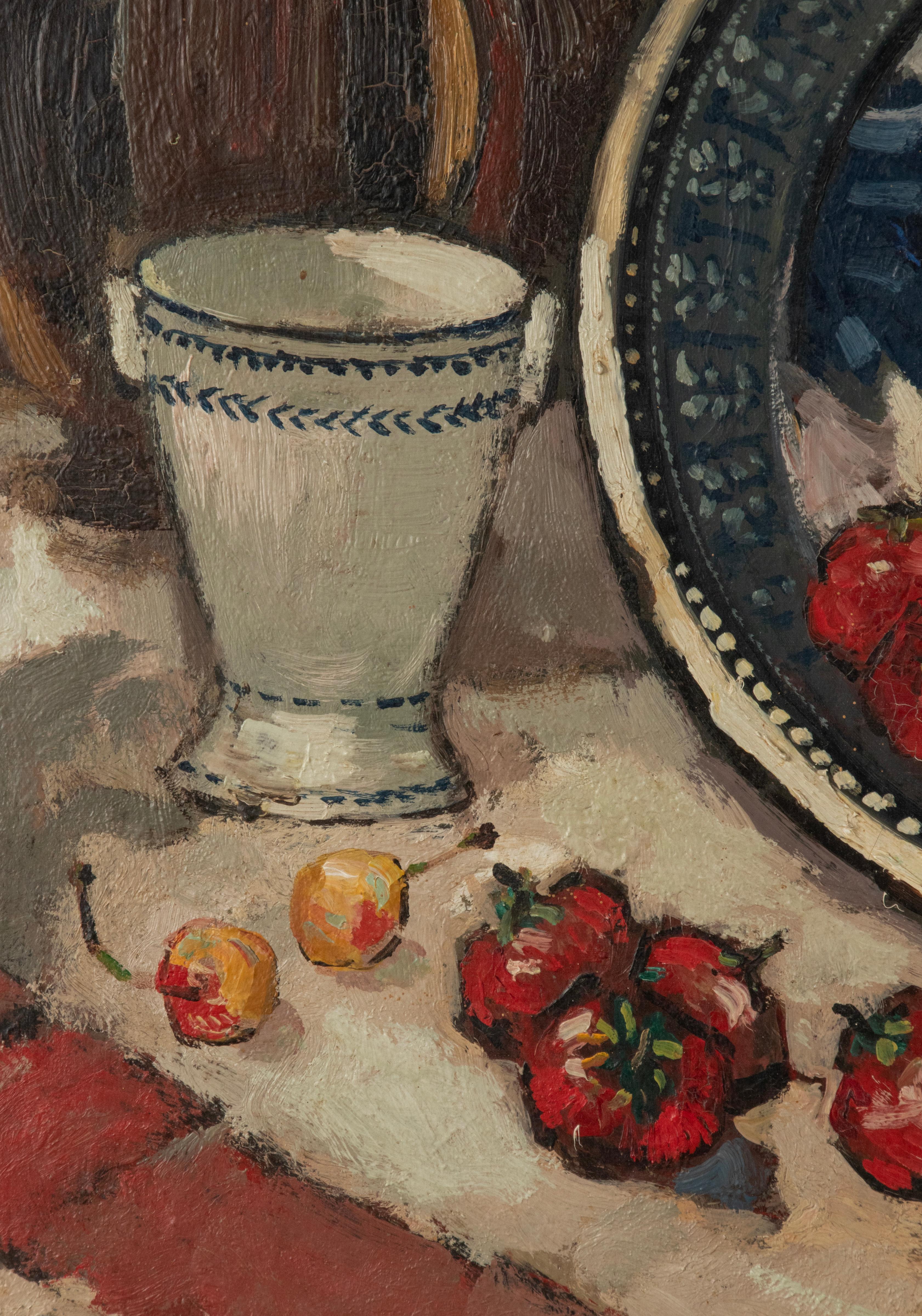 Antikes Stillleben Ölgemälde Champagnerflasche Erdbeer - John Michaux (Farbe) im Angebot