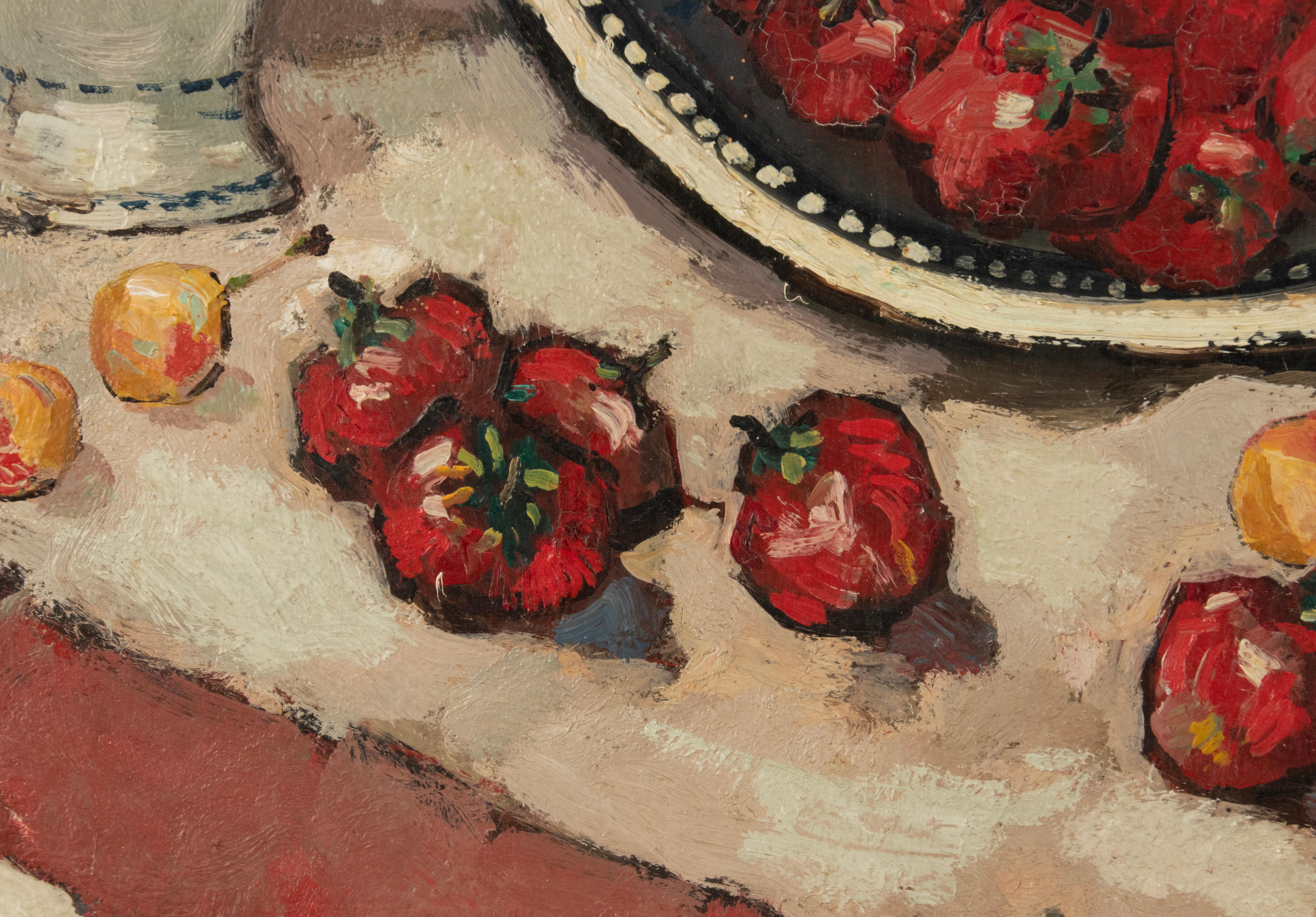 Antique Still life Oil painting Champagne Bottle Strawberries - John Michaux For Sale 1