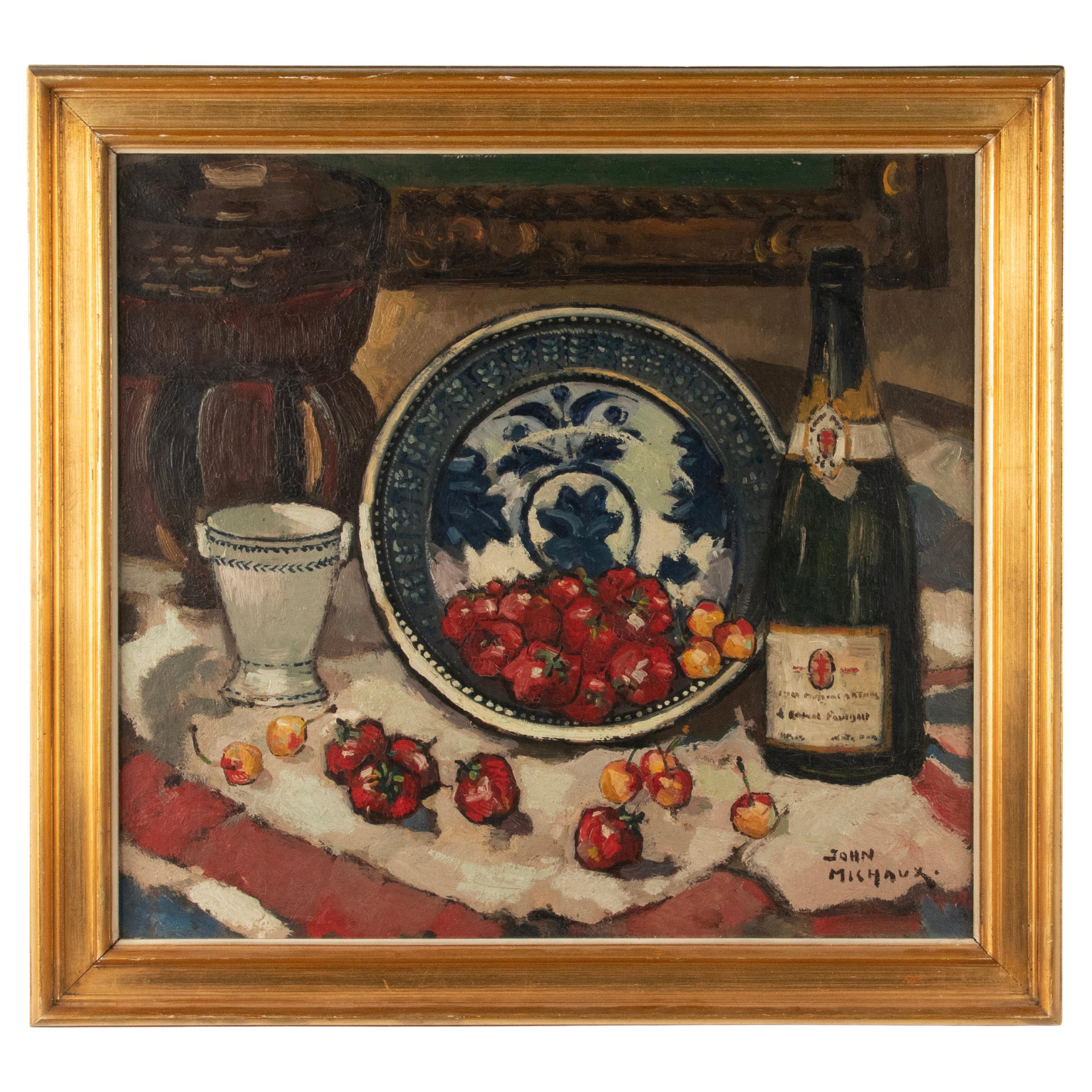 Nature morte ancienne Peinture à l'huile Bouteille de champagne Fraises - John Michaux en vente