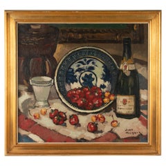 Nature morte ancienne Peinture à l'huile Bouteille de champagne Fraises - John Michaux