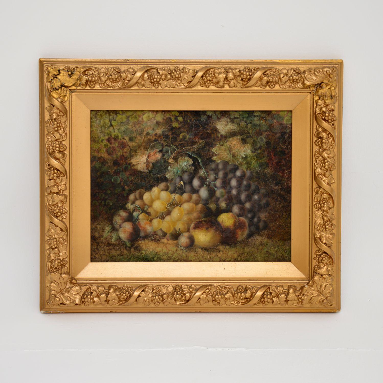 An absolutely beautiful antique still life oil painting depicting fruits on a table. I would say this is at least 19th century Victorian, possibly earlier.

It is wonderfully executed, with stunning colour and details. It is in very good condition