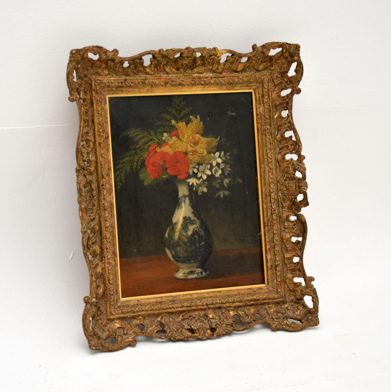 A small antique still life oil painting, in a gorgeous gilt wood frame. We believe this dates from the 19th century, possibly earlier.

It is beautifully executed and is a lovely subject. The frame is also of excellent quality and has a charming