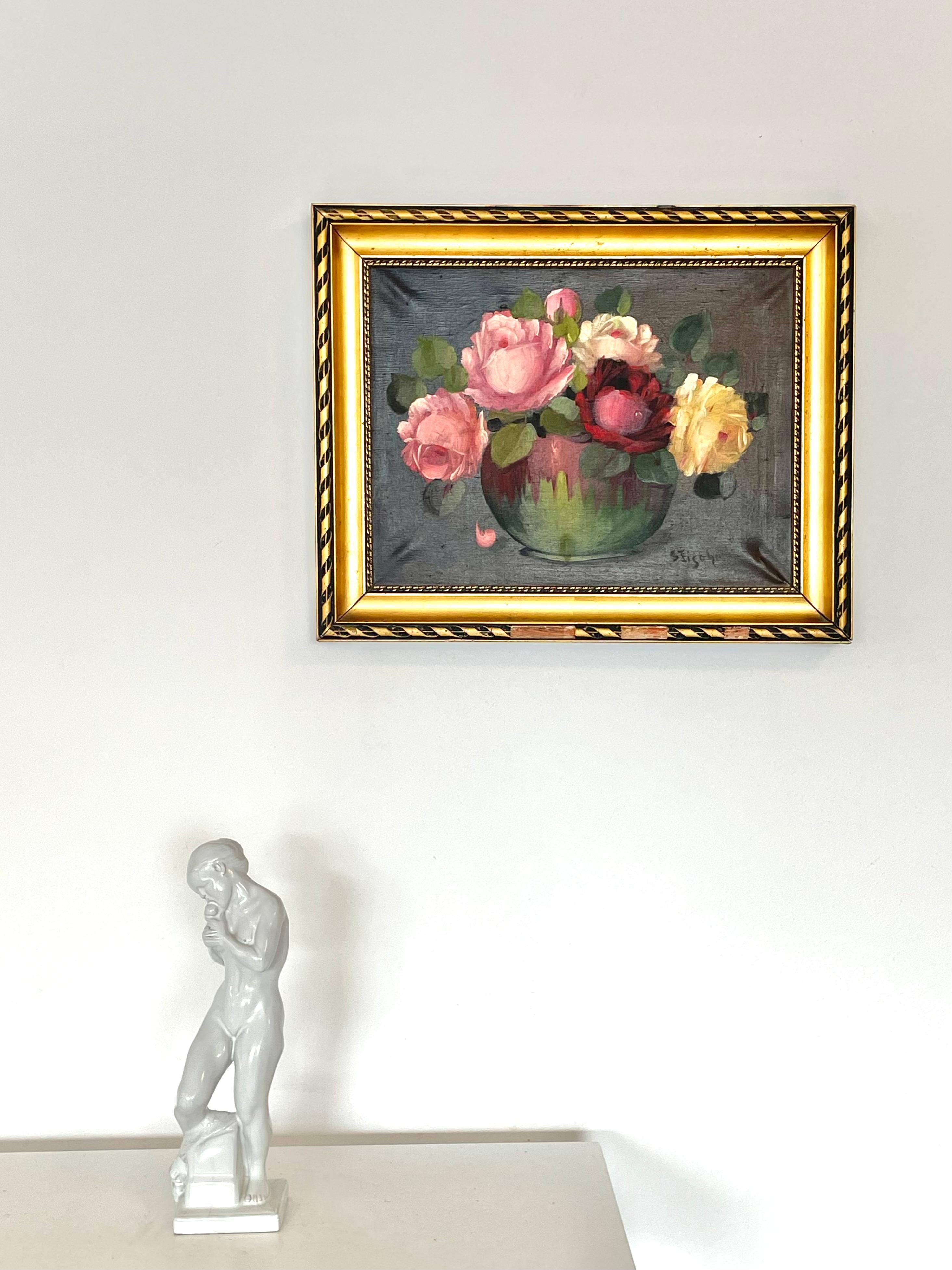 Antike Stillleben Ölgemälde von Rosen in einer grünen Vase (Romantik) im Angebot