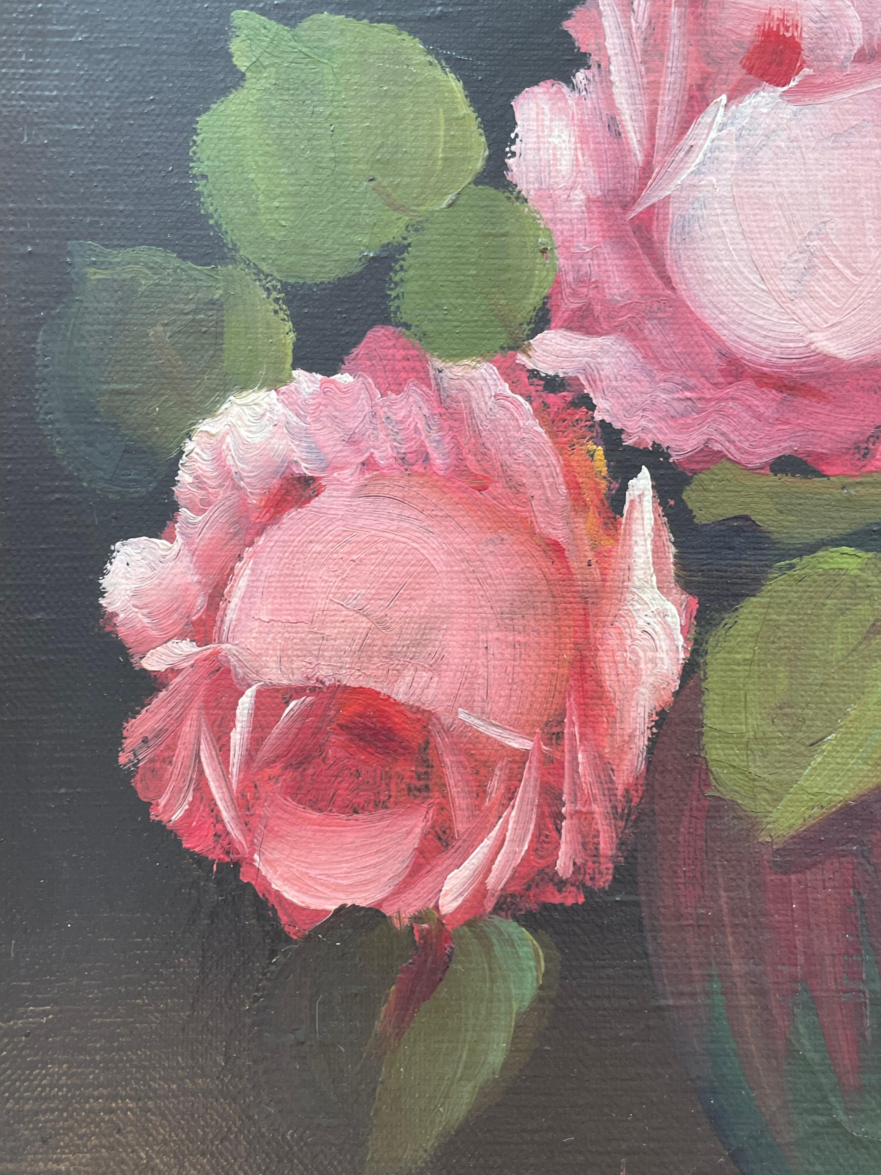 Antike Stillleben Ölgemälde von Rosen in einer grünen Vase im Zustand „Gut“ im Angebot in Ebberup, DK