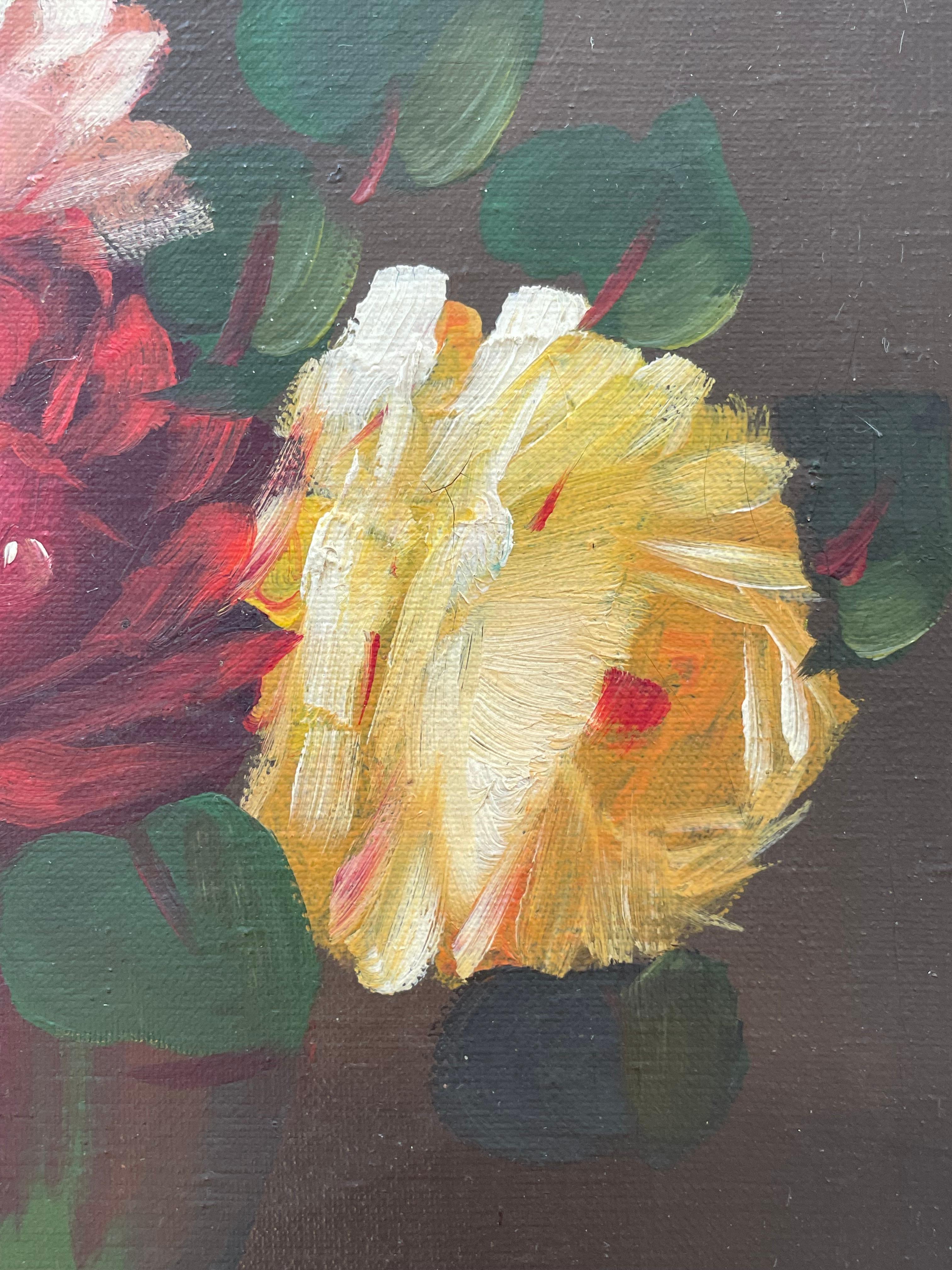 Antike Stillleben Ölgemälde von Rosen in einer grünen Vase (Farbe) im Angebot