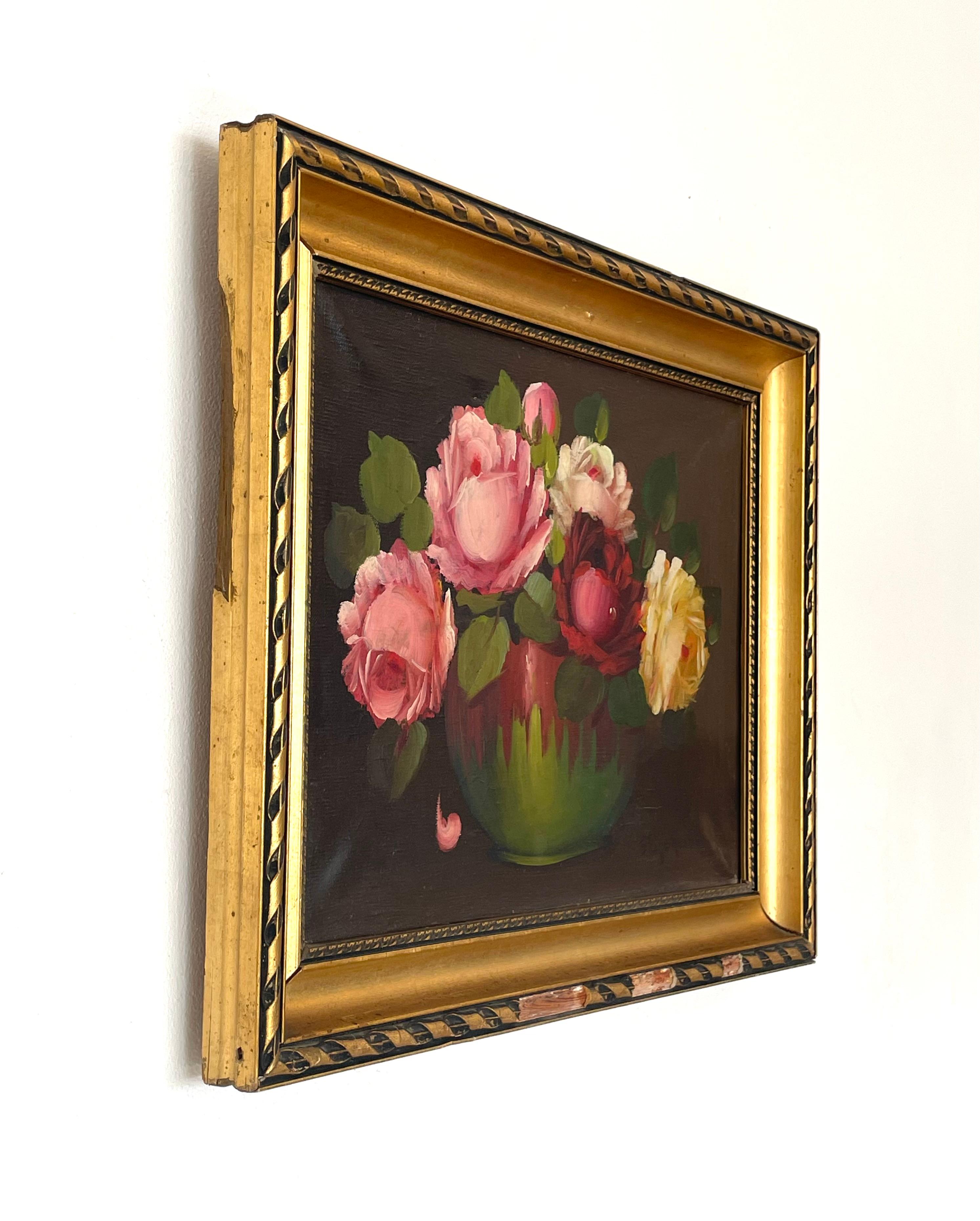 Antike Stillleben Ölgemälde von Rosen in einer grünen Vase im Angebot 1