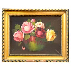 Antike Stillleben Ölgemälde von Rosen in einer grünen Vase