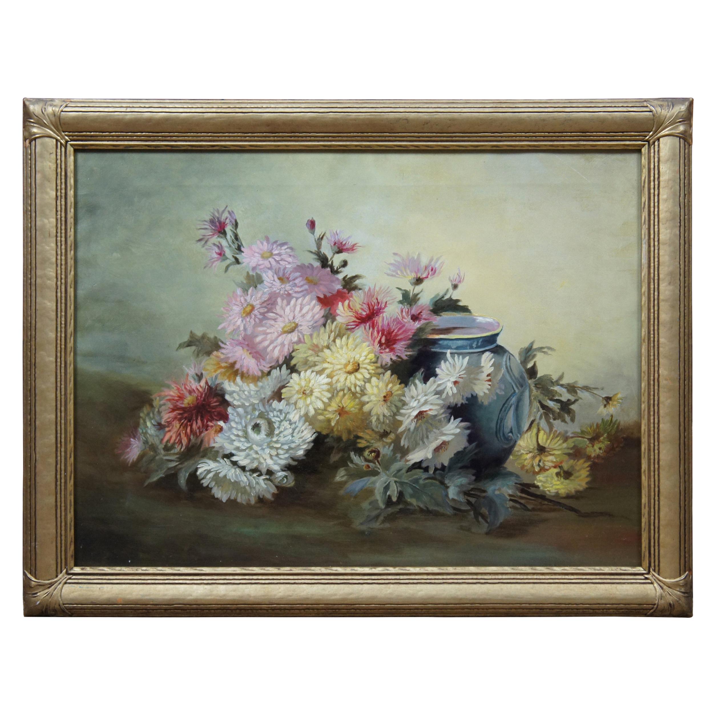 Antique Still Life Oil Painting Peony Flowers and Vase Victorian Realism Framed