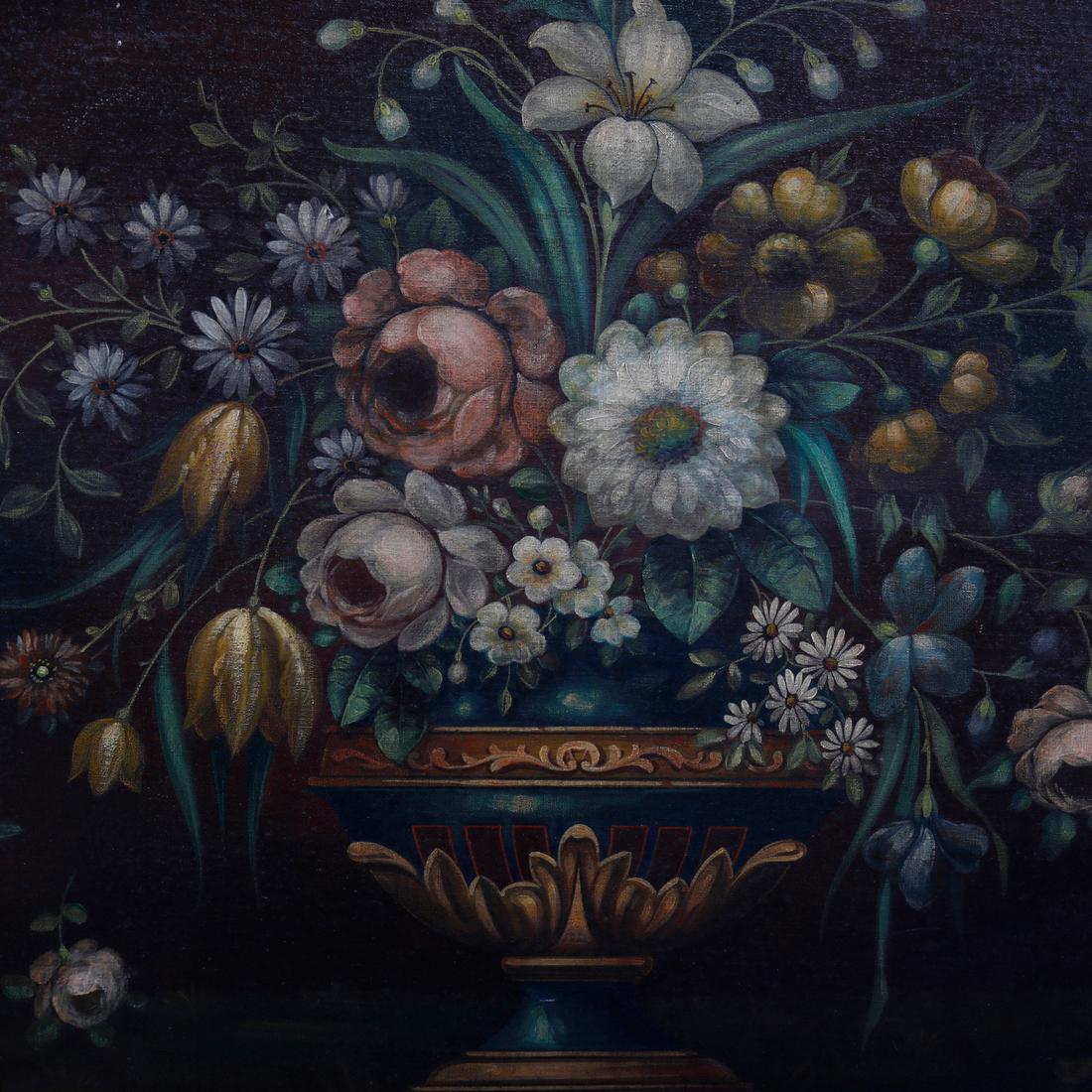 An antique oil on canvas laid on board painting offers still life of Grecian urn with flowers seated in oval ebonized giltwood frame, c1930

Measures: overall 29