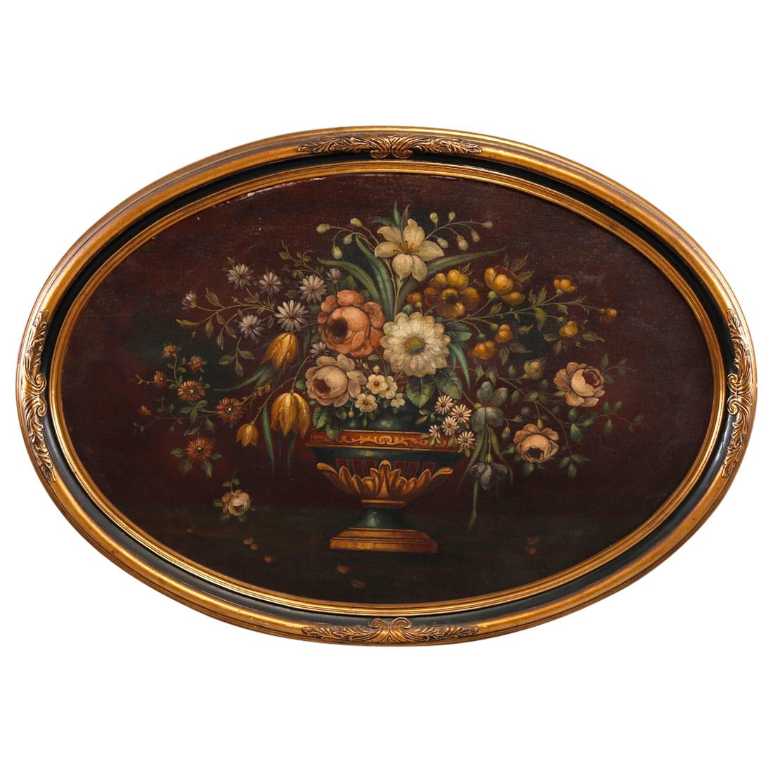Antique Still Life Oval Oil Painting Canvas Laid on Board, Circa 1930