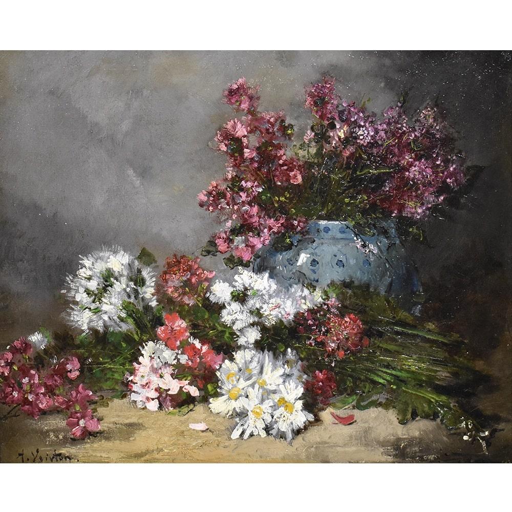 Flowers artwork, antique oil painting, Still Life with Flowers with Daisies proposed here is an oil painting on canvas
of the Nineteenth century. It also has an original and beautiful gilded frame in pure gold leaf from the 19th century. 

It is