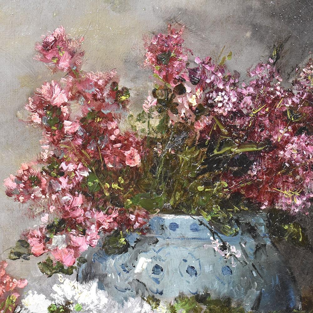 Napoleon III Antique Still Life Painting, Flowers Vase Painting, Daisies, Oil on Canvas