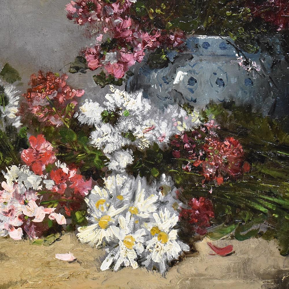 Antique Still Life Painting, Flowers Vase Painting, Daisies, Oil on Canvas In Good Condition In Breganze, VI