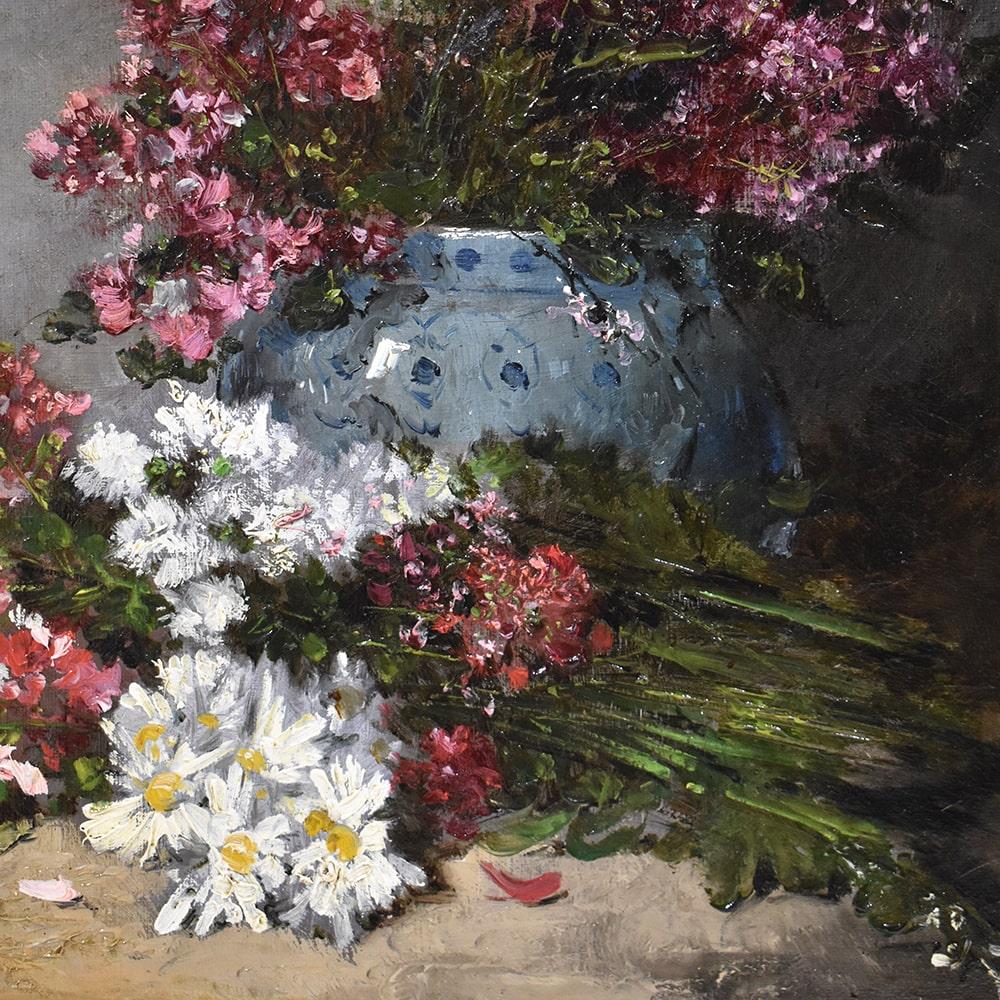 19th Century Antique Still Life Painting, Flowers Vase Painting, Daisies, Oil on Canvas