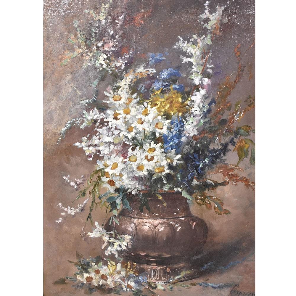 Flowers artwork, antique oil painting, still life with bouquet of white daisies flowers  proposed here is an oil painting on canvas of the Nineteenth Century.  It also has an original Gold Leaf Frame.

It is a beautiful bouquet of white daisies