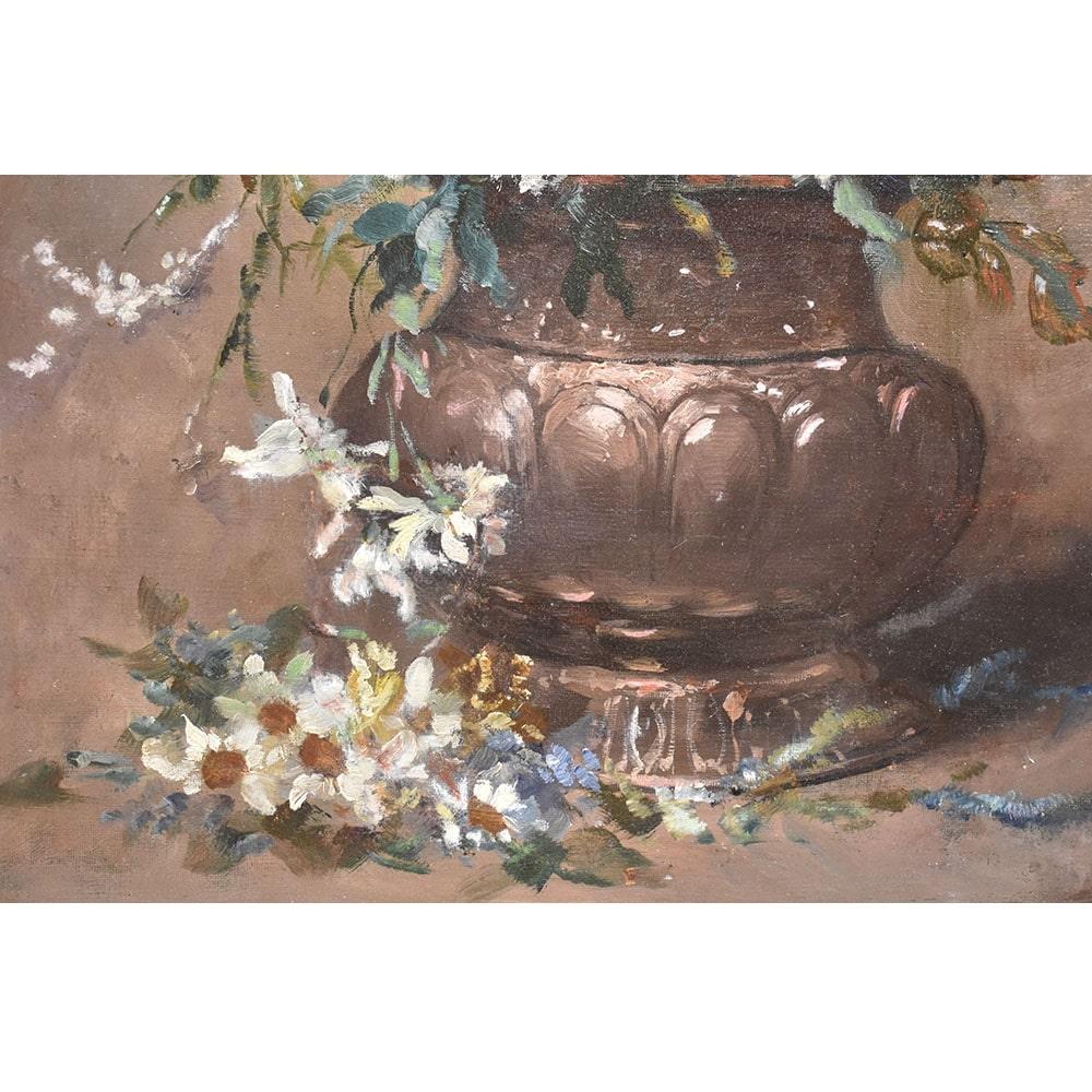 Belgian Antique Still Life Painting, Flowers Vase Painting, White Daisies, Coppenolle. For Sale