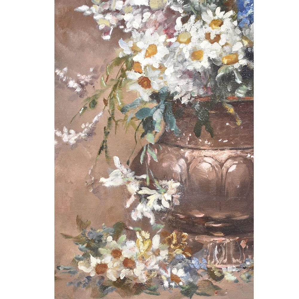 Dipinto Pittura antica di natura morta, pittura di fiori in vaso, margherite bianche, coppenolle. in vendita
