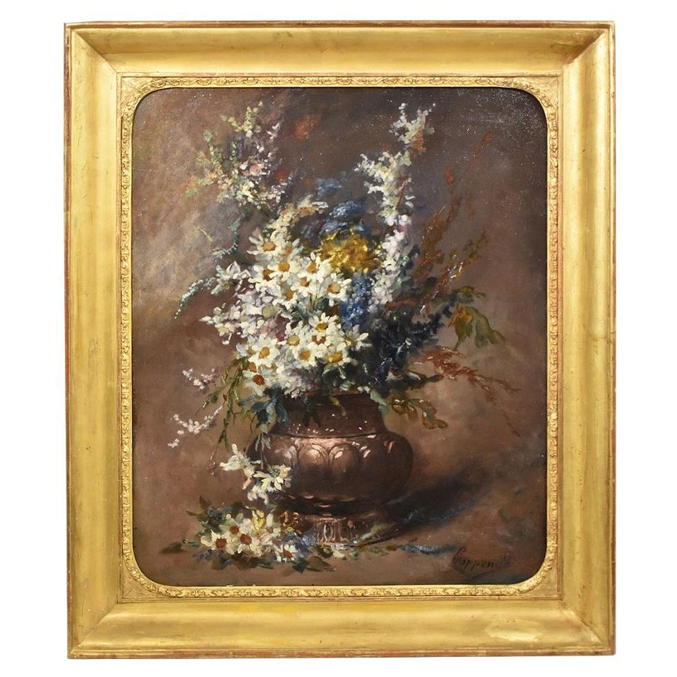 Antique Still Life Painting, Flowers Vase Painting, White Daisies, Coppenolle. For Sale