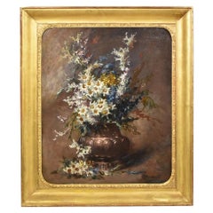 Nature morte ancienne, peinture de vase à fleurs, marguerites blanches, Coppenolle.